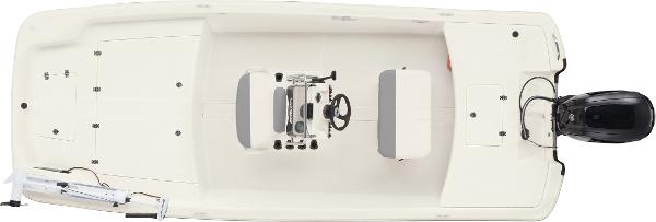 Top view of 2023 Mako Pro Skiff 17 CC boat with outboard motor.