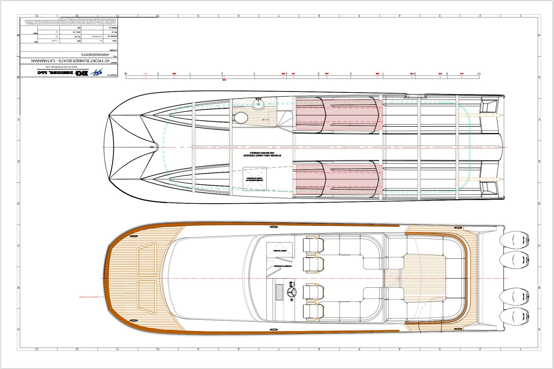 Blueprint of 2026 Front Runner 43' HTX boat, showcasing detailed design and layout.