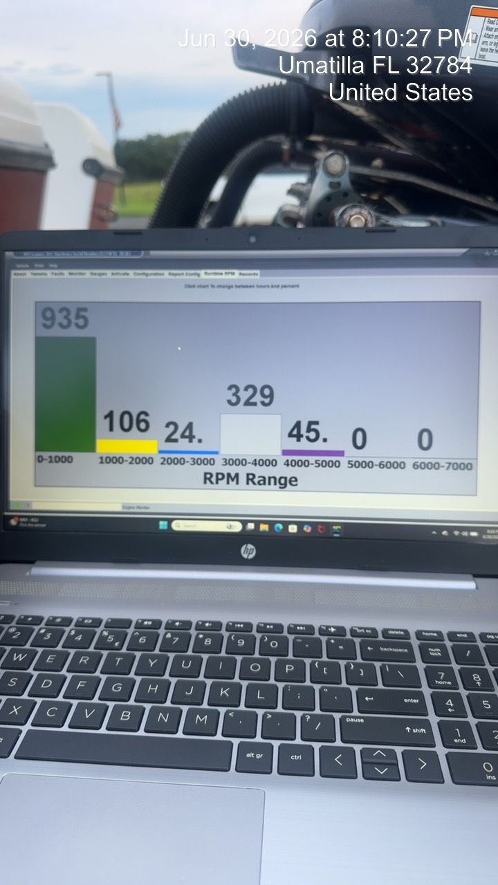 A laptop displays a chart of RPM ranges. An engine is visible in the background.