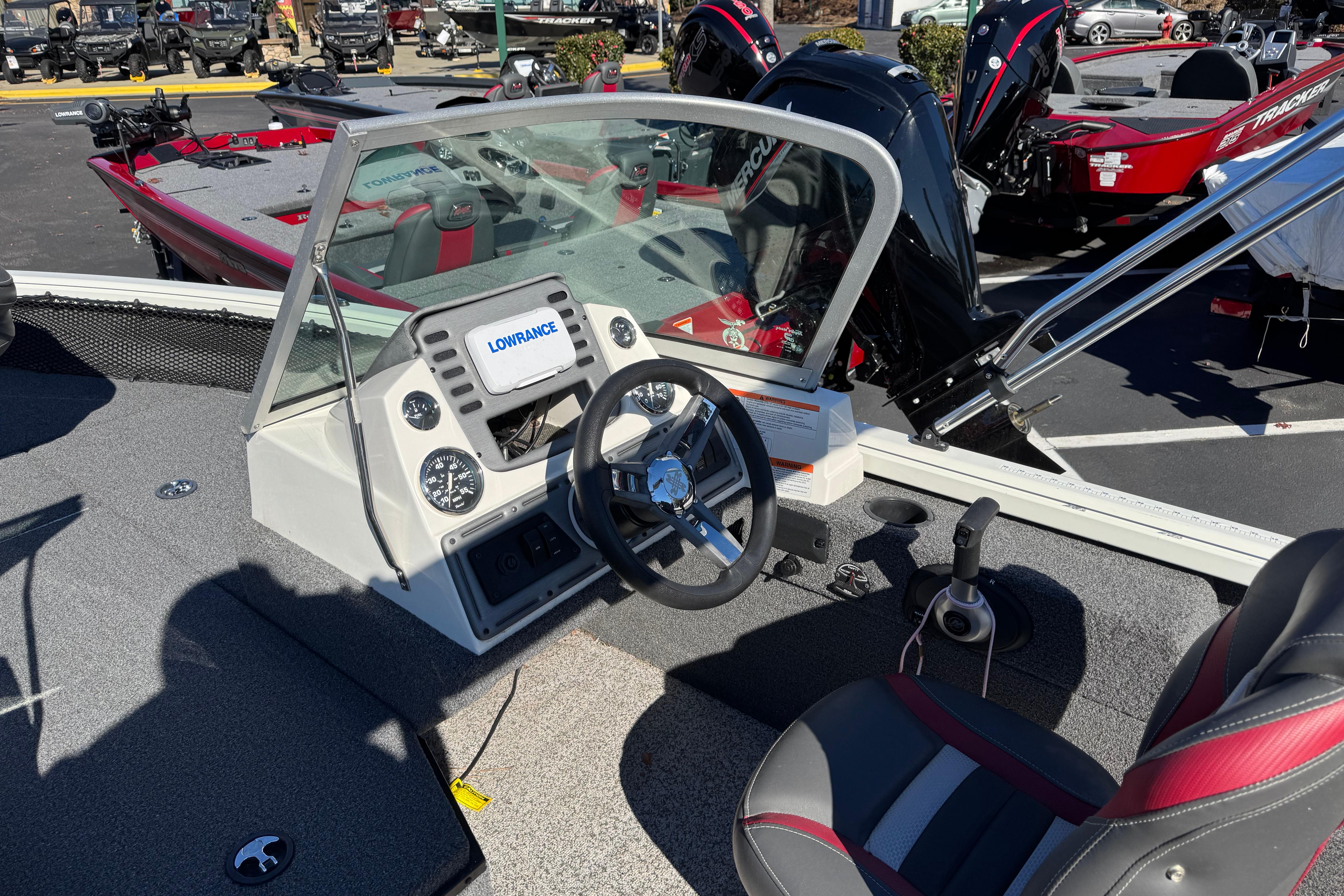 2020 Ranger VS1682 WT boat dashboard with steering wheel and Lowrance display.