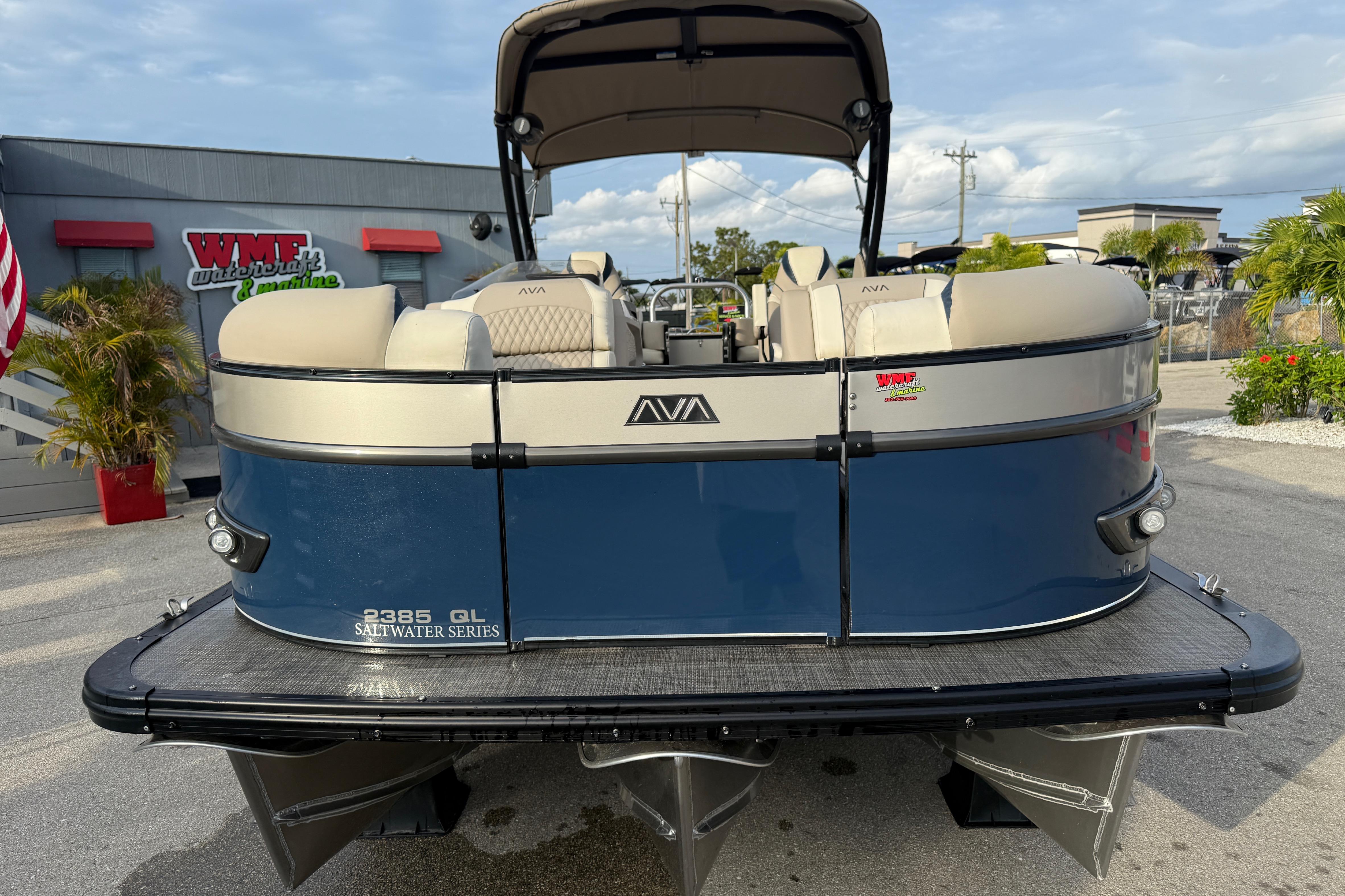 2026 Avalon 2385 Catalina Quad Lounger Tri Toon, blue and beige, at WMF Watercraft & Marine.