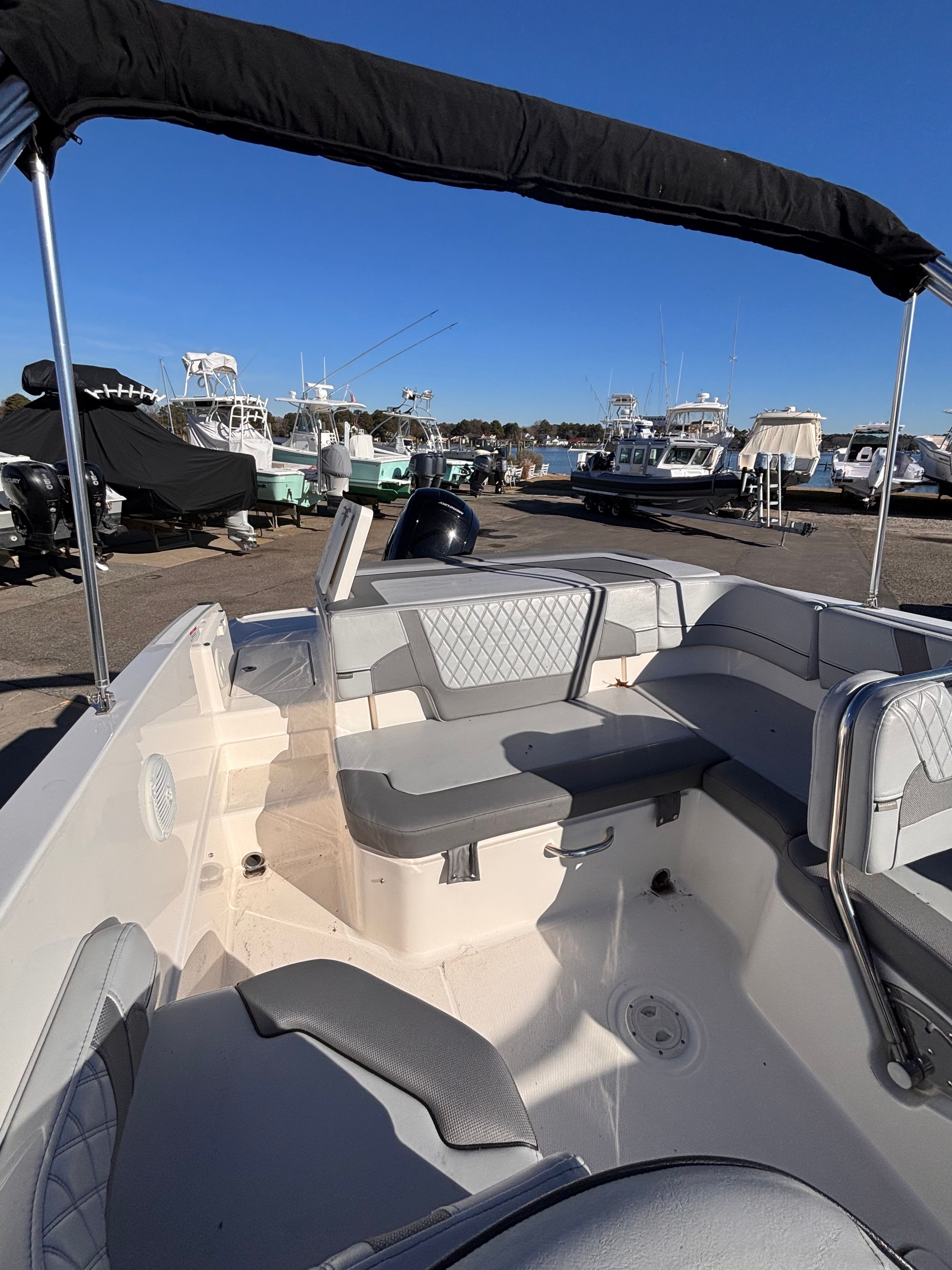 2024 Bayliner VR6 Bowrider OB with gray seating at the marina.