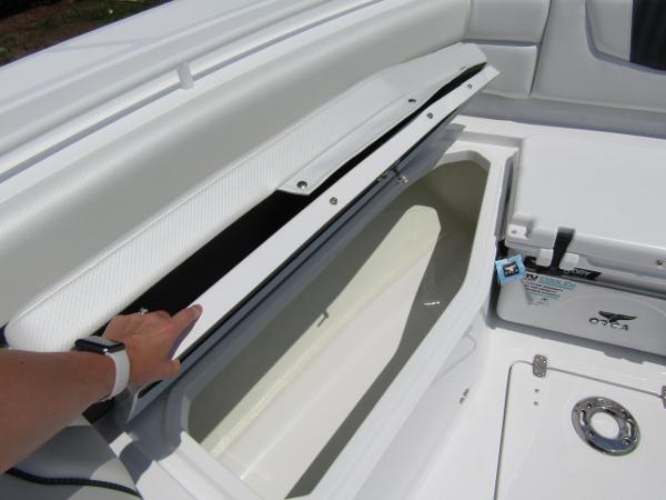 2024 Wellcraft 352 Fisherman boat storage compartment and cooler.