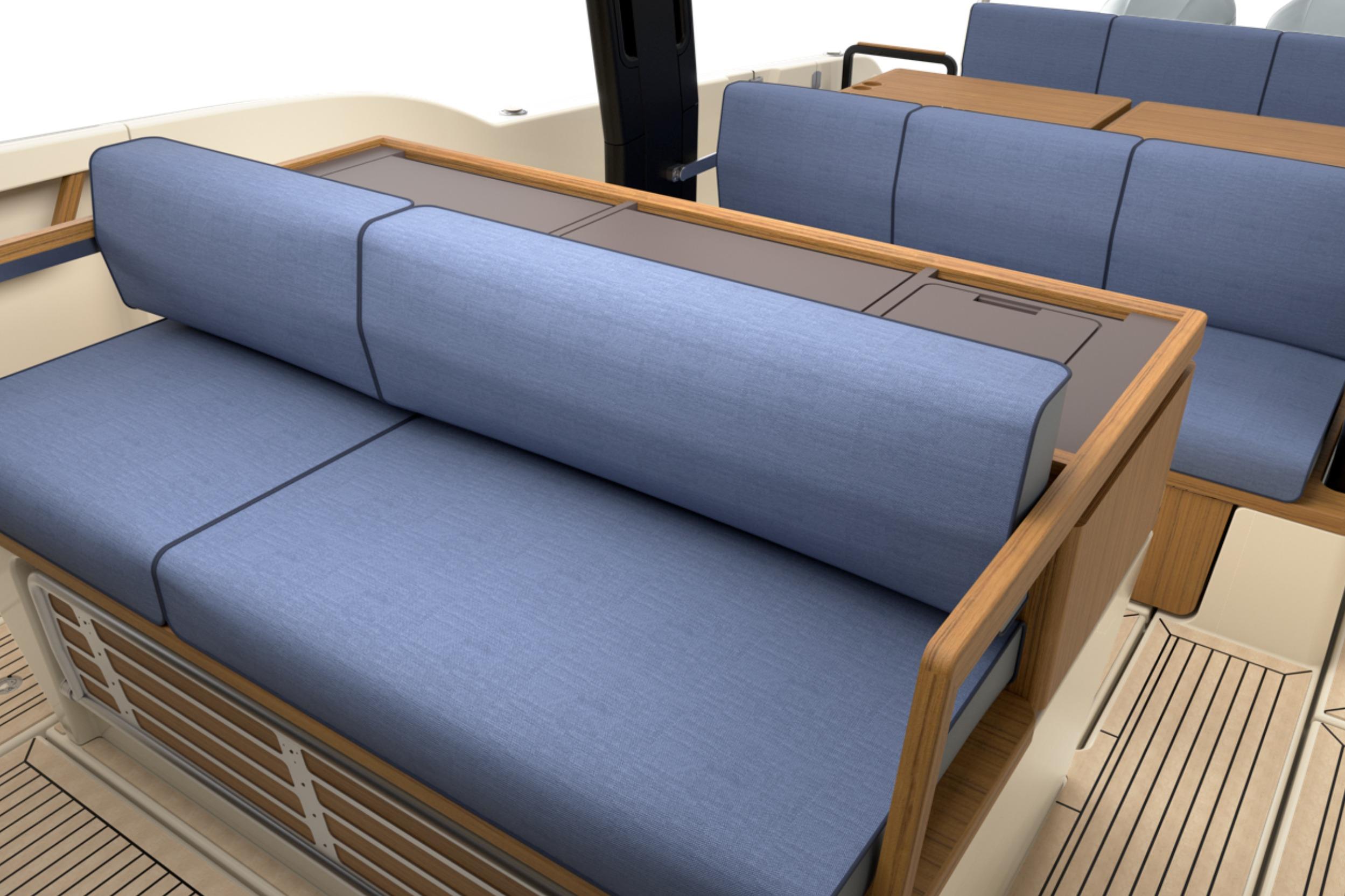 Luxurious seating on 2026 Aiata Sunfinder 38 yacht with blue cushions and wooden accents.