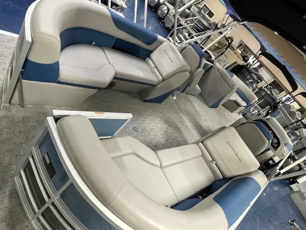 2025 South Bay LE pontoon boat interior with plush seating and modern design.