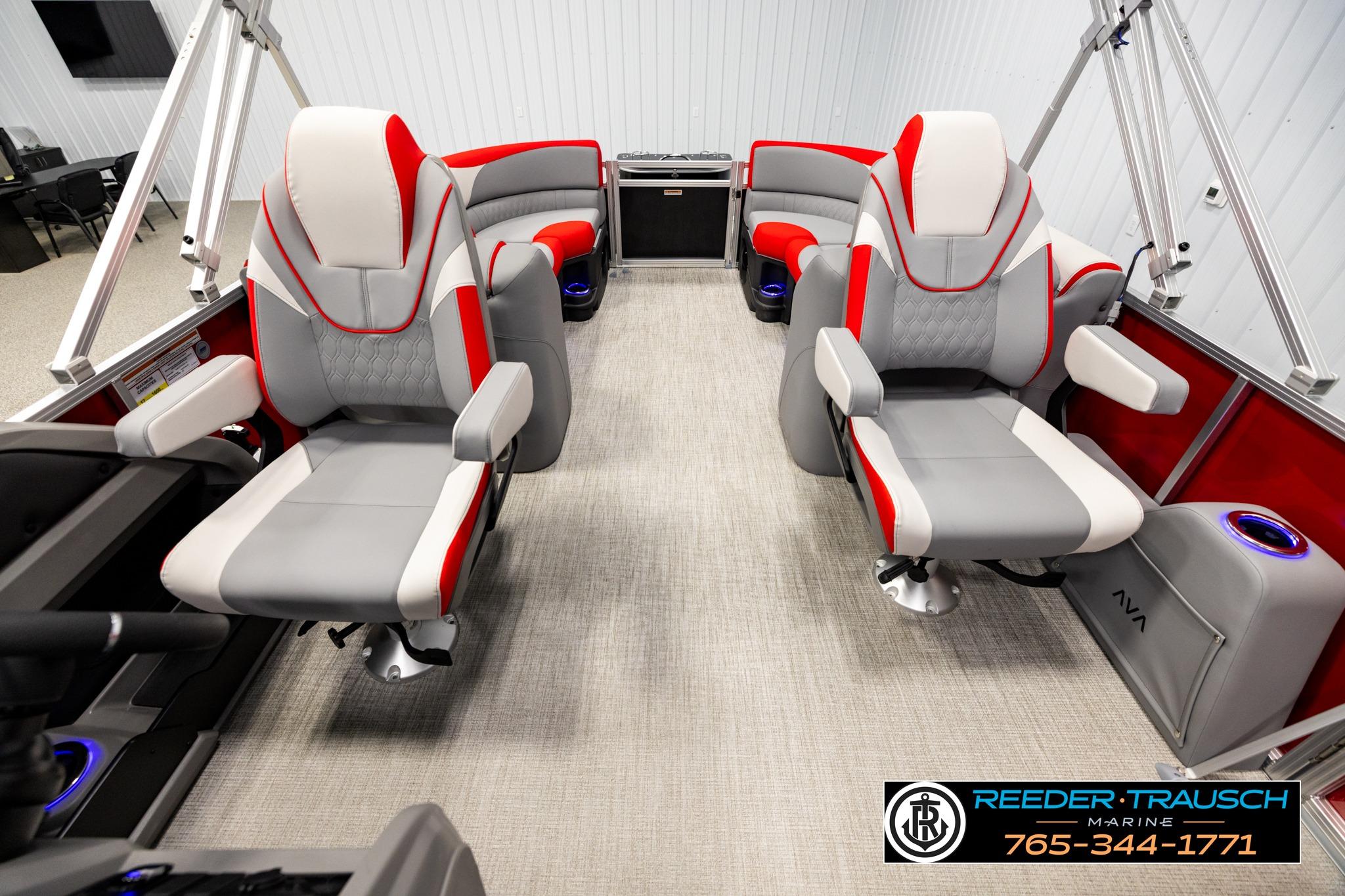 Interior of 2026 Avalon LSZ QL pontoon boat with modern seating and sleek design.