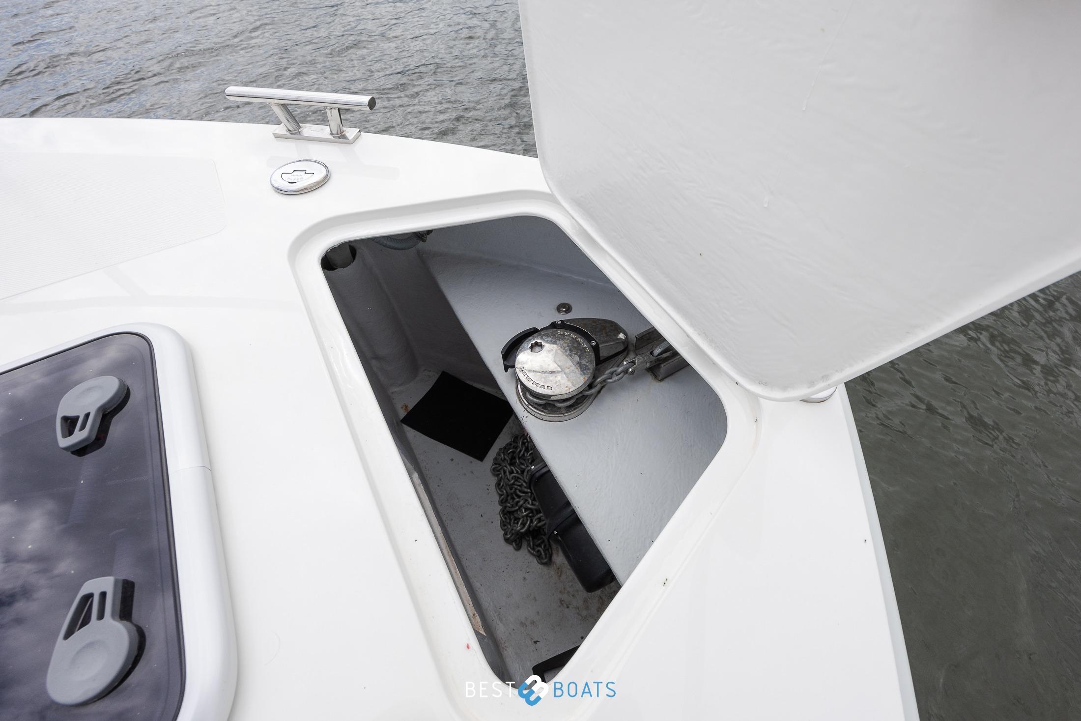 Anchor compartment of 2023 Cobra Yachts Futura 36 Premium Fly, open on deck.