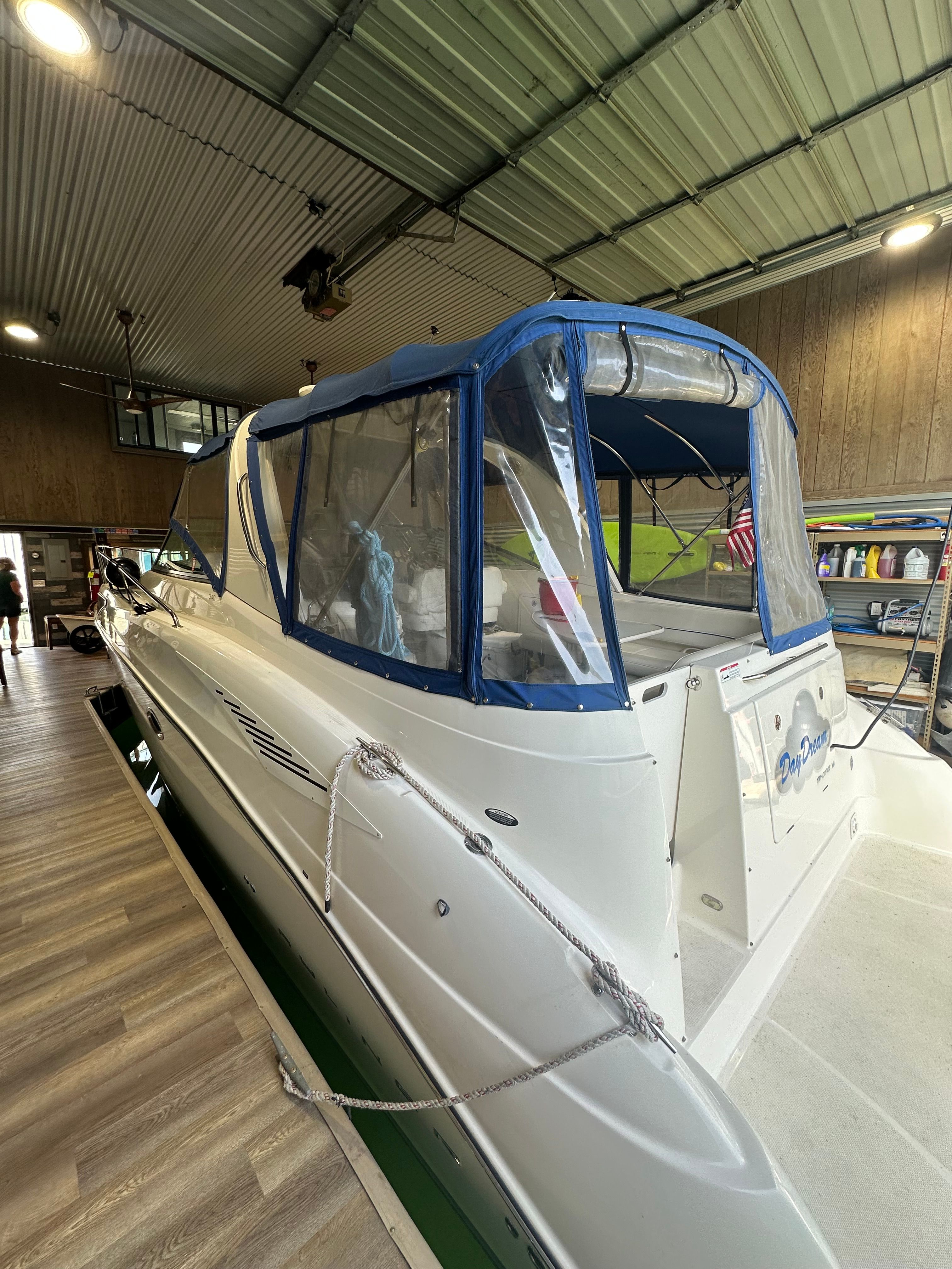 2008 Bayliner 340 yacht in a storage facility.