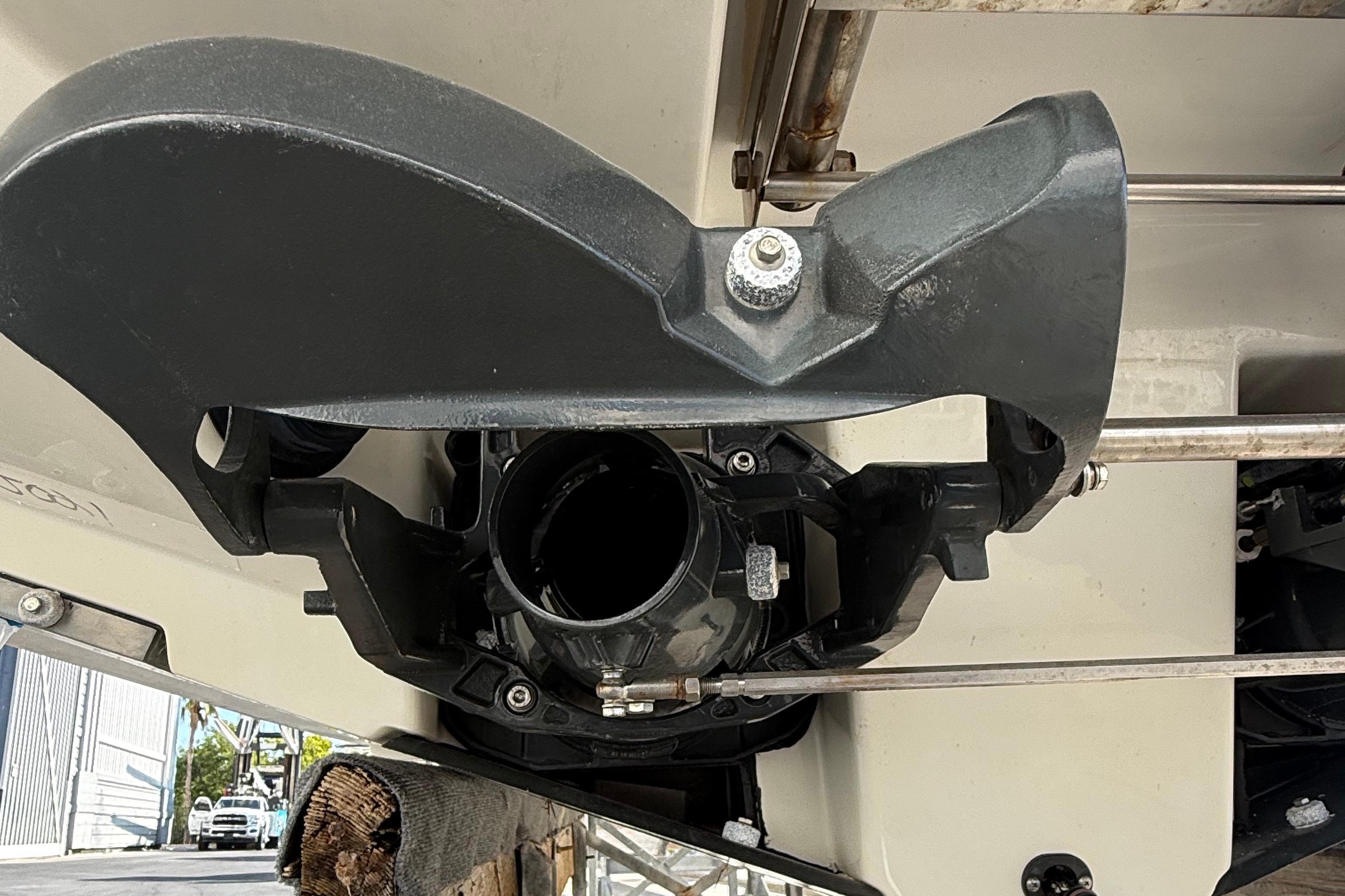 Jet propulsion system of a 2021 Scarab 255 ID boat, close-up view.