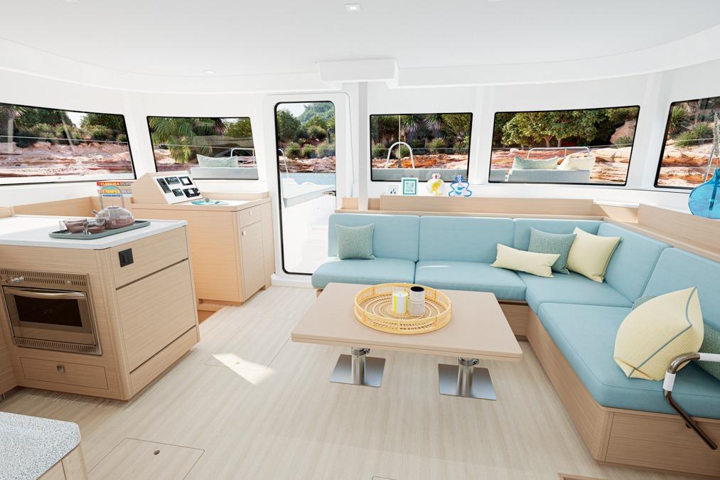 Interior of Lagoon 47 yacht, modern and spacious, year 2026.