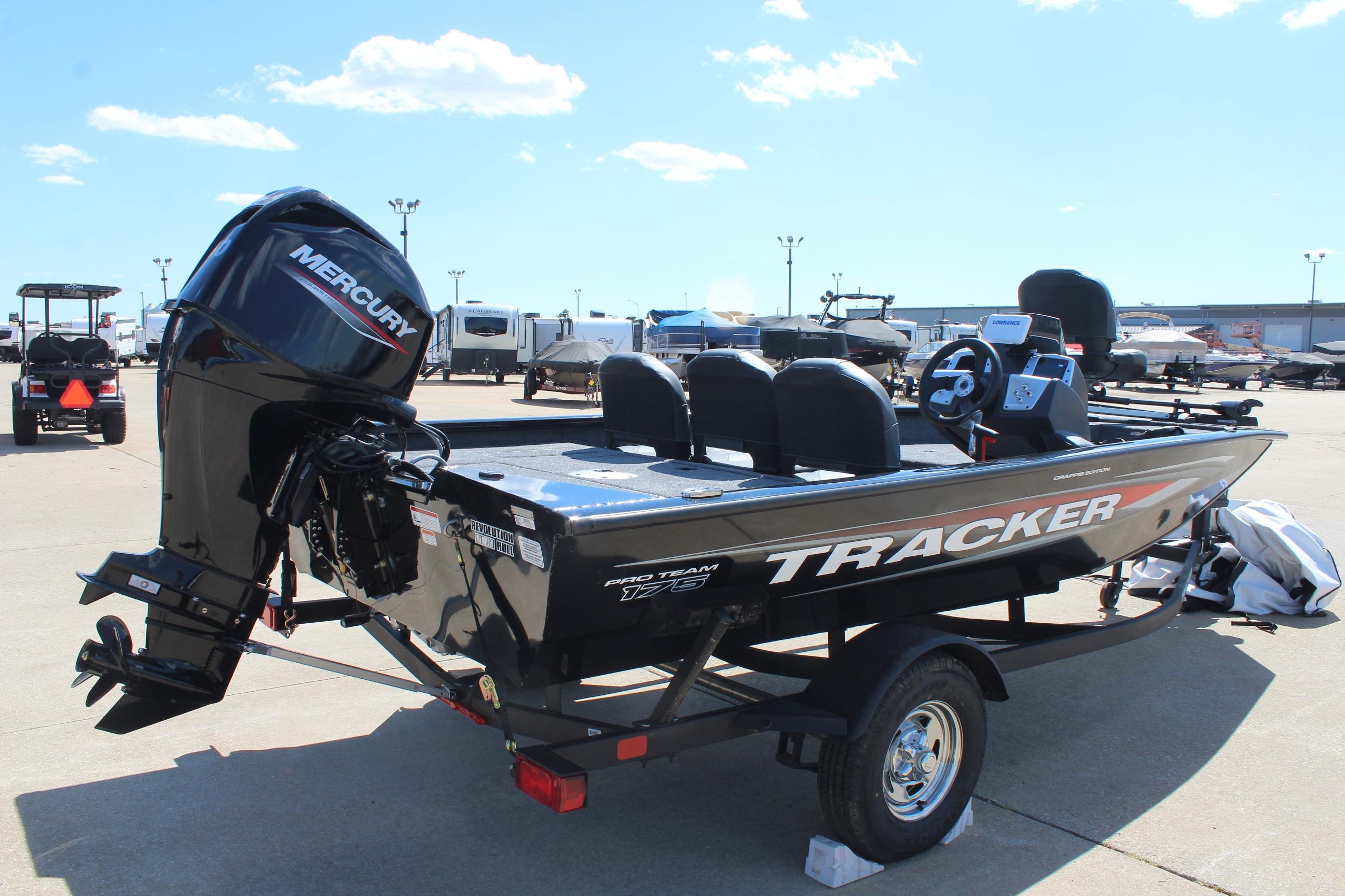 2026 Tracker Pro Team 175 Crappie Edition boat with Mercury engine on trailer.