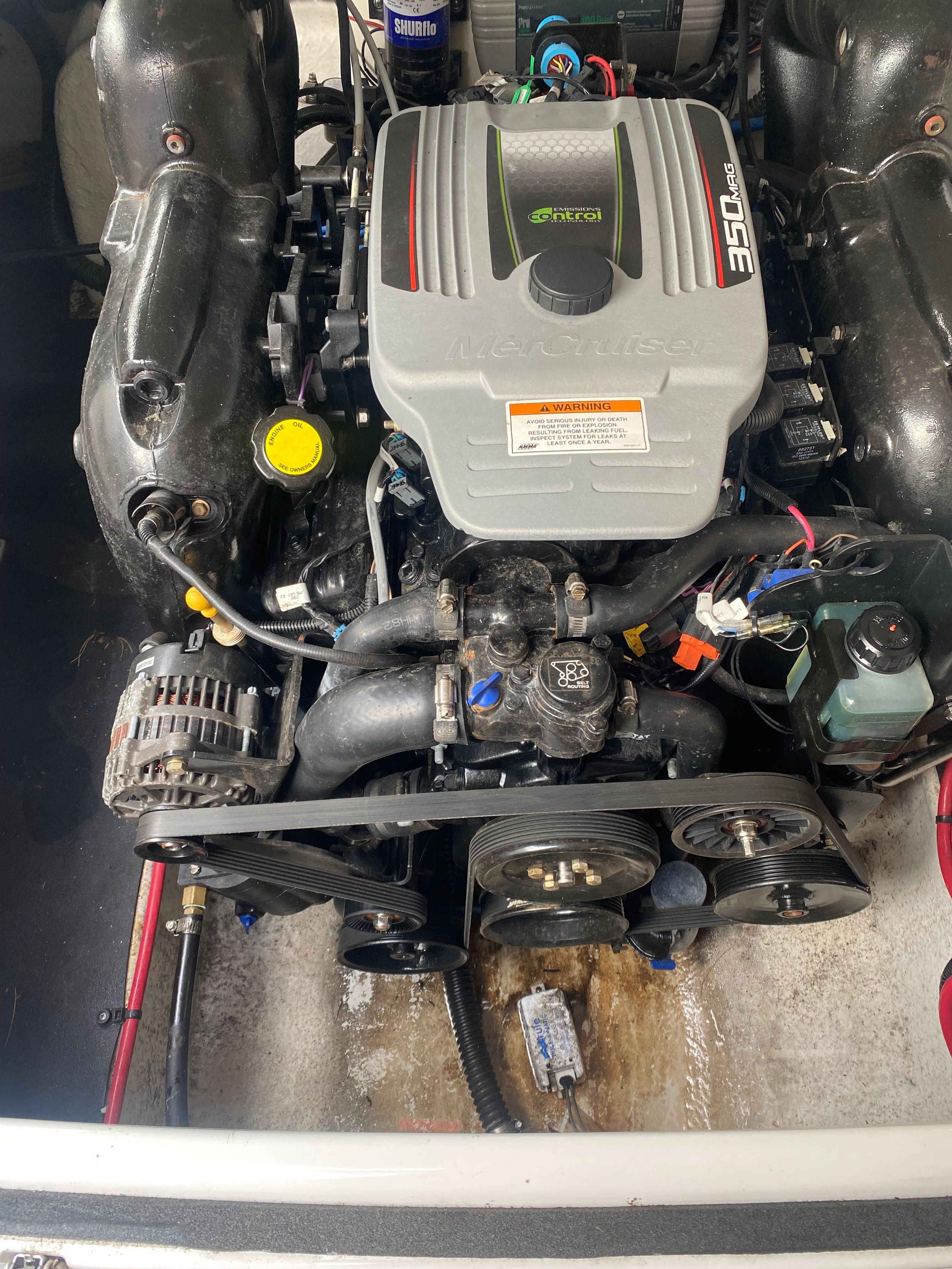 Engine of a 2014 Crownline Eclipse E2 boat, MerCruiser 350 MAG.