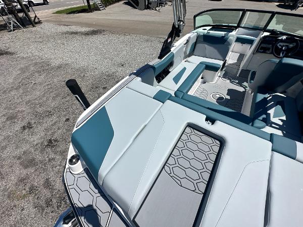 2025 MasterCraft NXT21 boat interior with modern seating and sleek design.