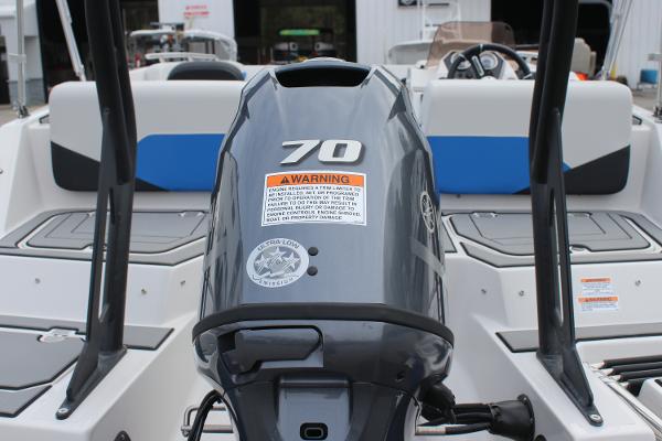 2025 Starcraft SV 16 OB boat with 70 HP outboard motor, rear view.