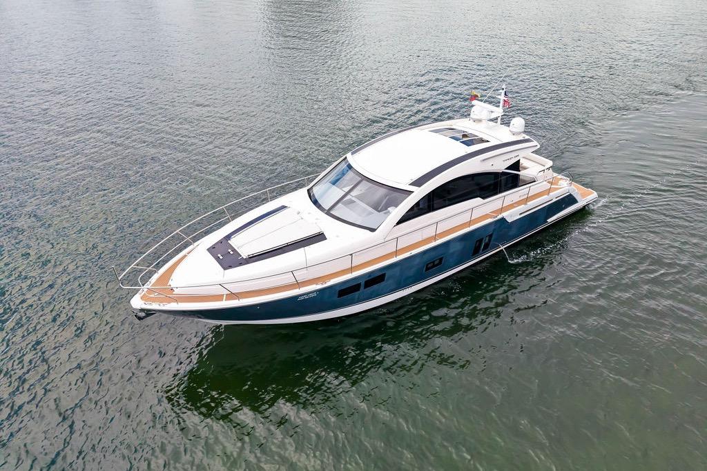 2012 Fairline Targa 58 yacht cruising on calm waters.