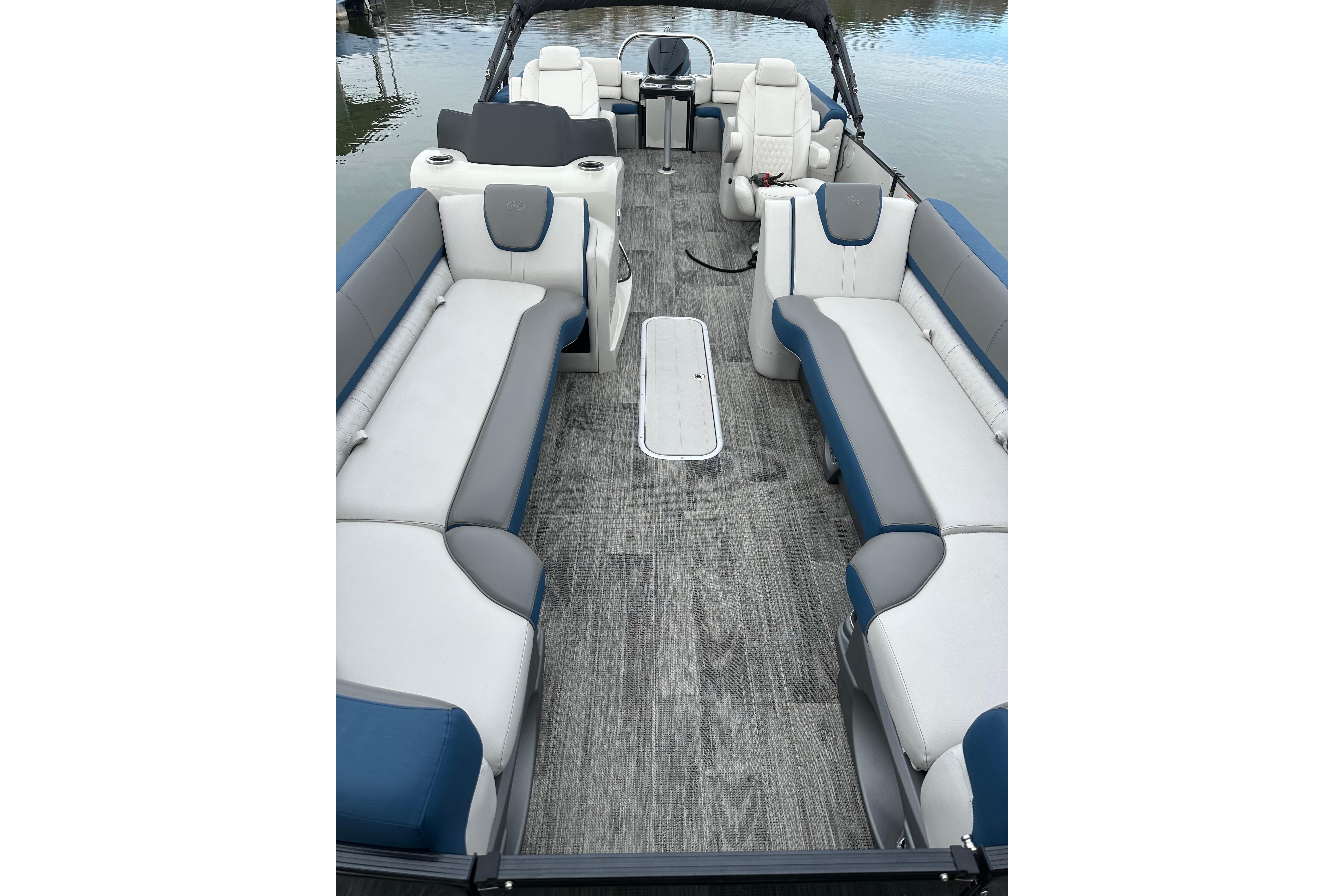 2022 Avalon Catalina 2785 pontoon boat interior with spacious seating and modern design.