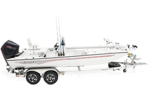 Manufacturer Provided Image: Manufacturer Provided Image: 2025 Ranger RB210 boat on trailer, side view, white with red accents, fishing rods visible.