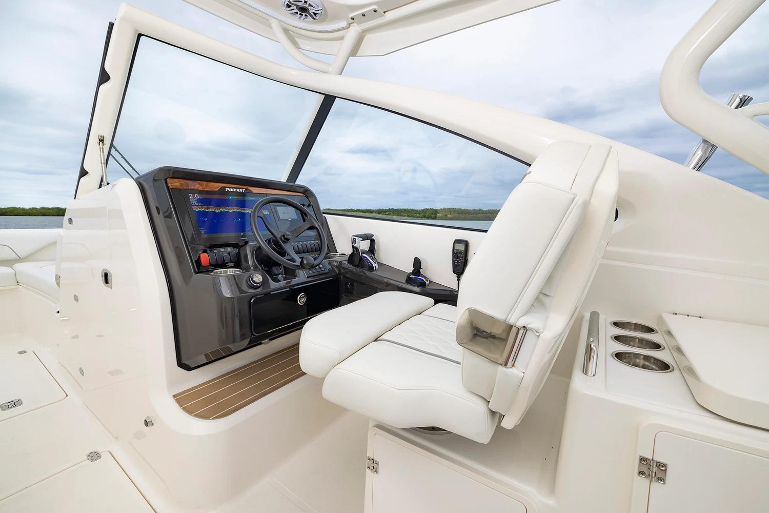 Manufacturer Provided Image: 2026 Pursuit DC 286 Dual Console boat interior with modern helm and white seating.