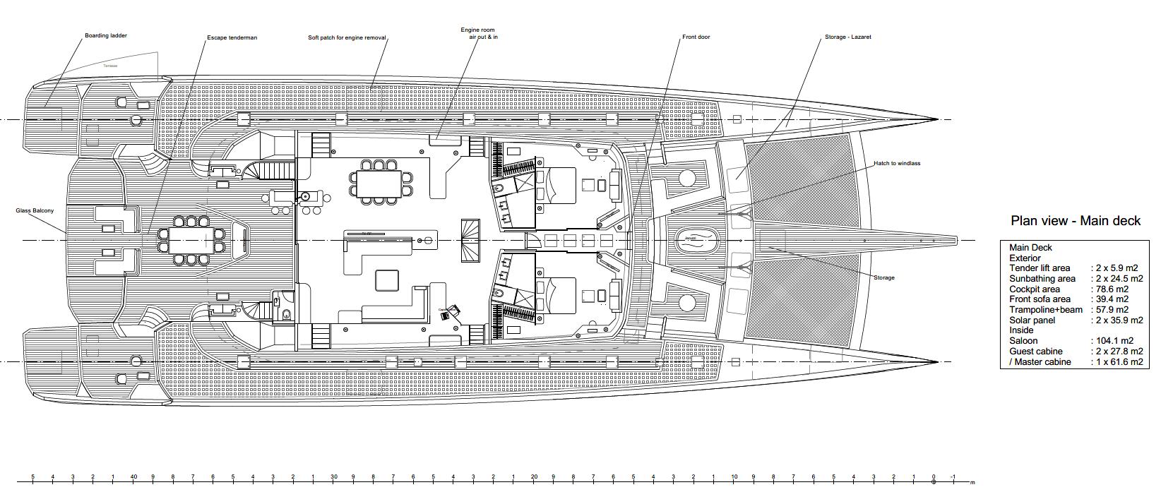 Plan view of 2023 Custom Eco Yachts 153 main deck layout.