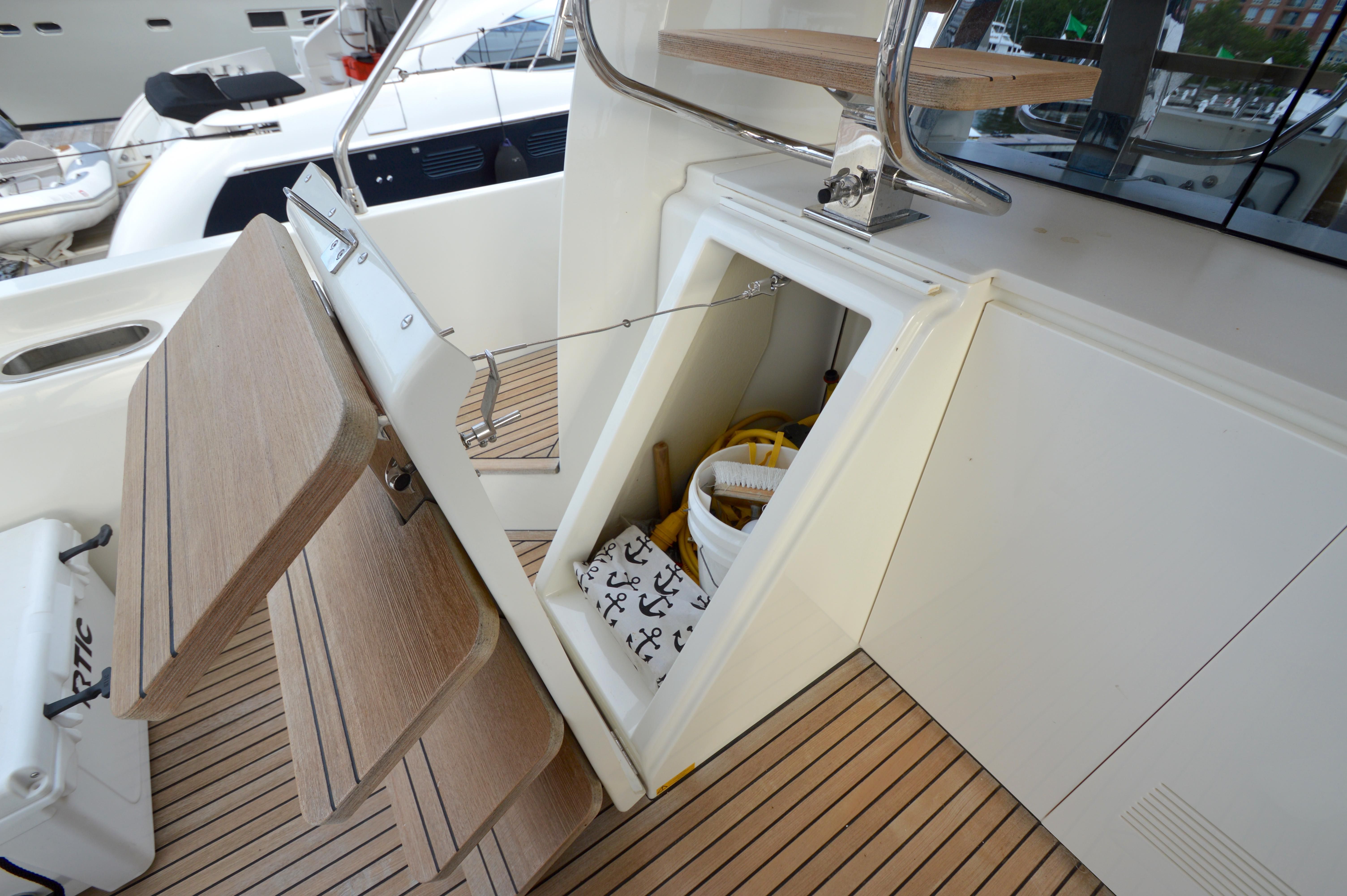 Storage compartment on a 2017 Prestige 630 yacht.