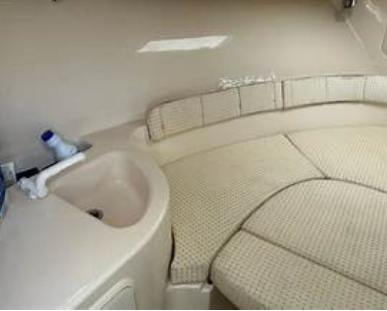 Interior of the 2006 Wellcraft 252 Coastal with cushioned seating and a sink.
