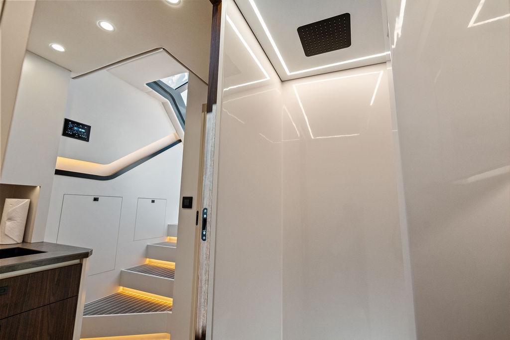 Luxurious interior of 2024 Vanquish Yachts VQ55, featuring modern design and ambient lighting.