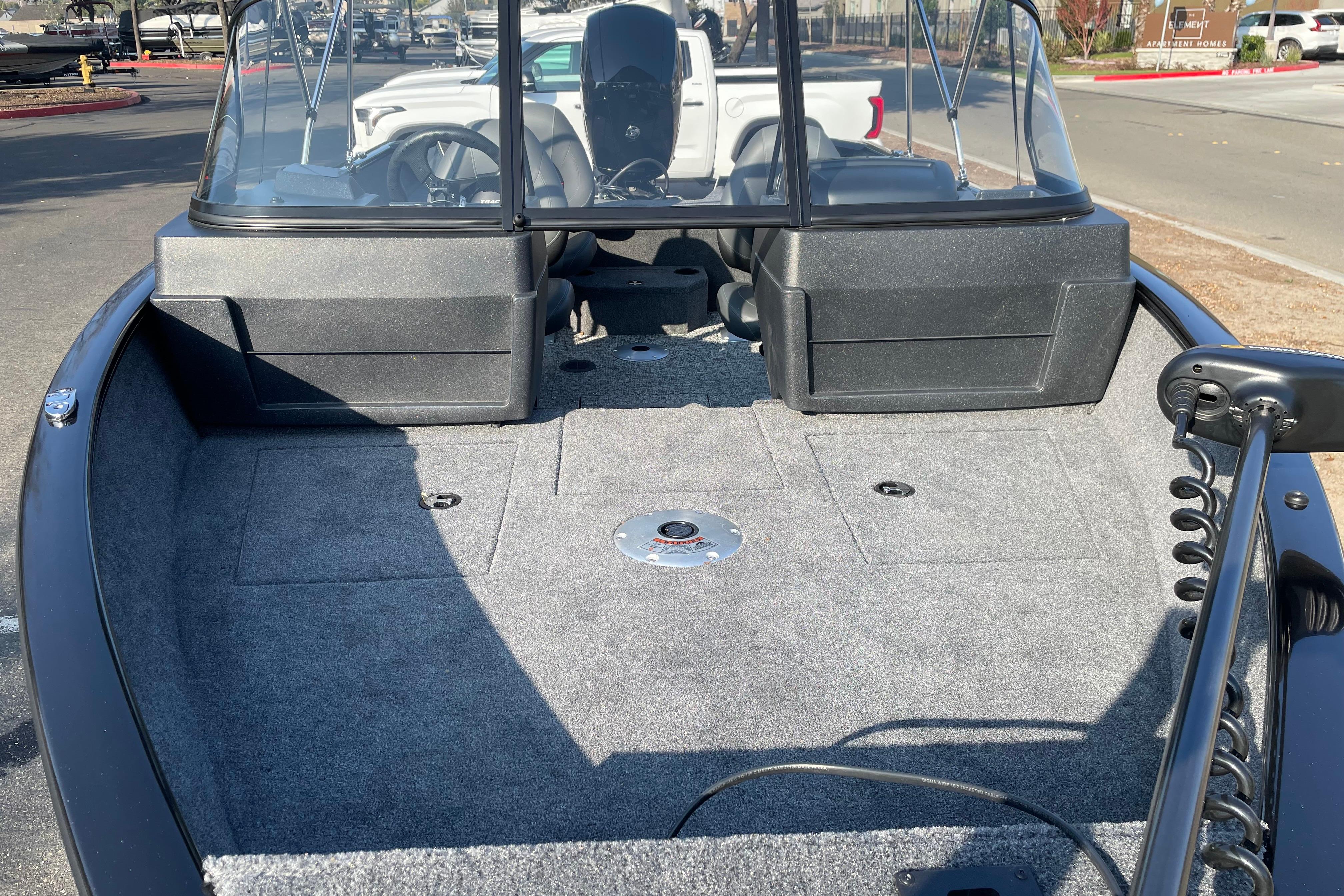 2026 Tracker Pro Guide V-175 WT boat interior with spacious deck and windshield.