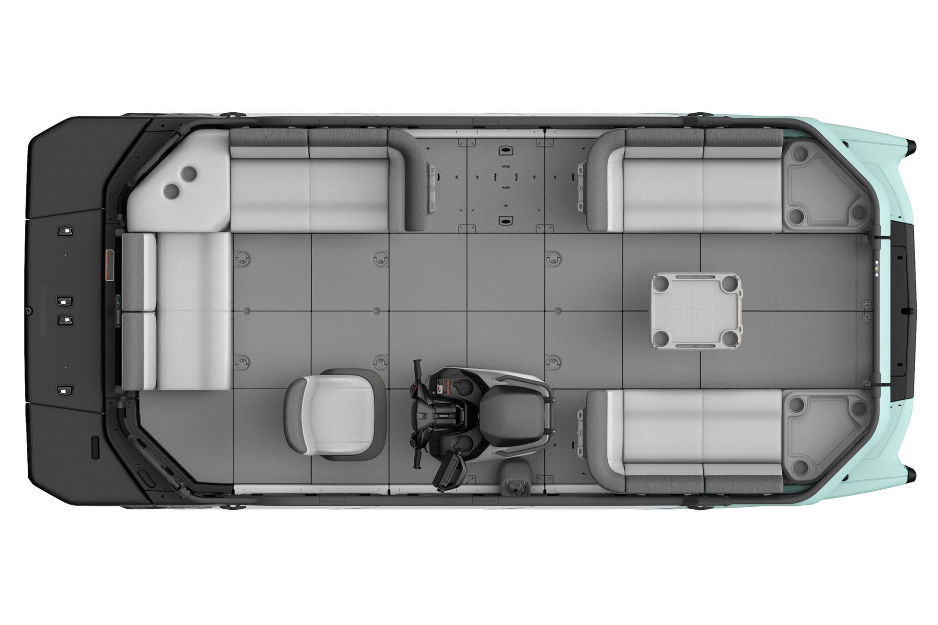 Top view of 2026 Sea-Doo Switch Cruise 18 pontoon boat interior layout.