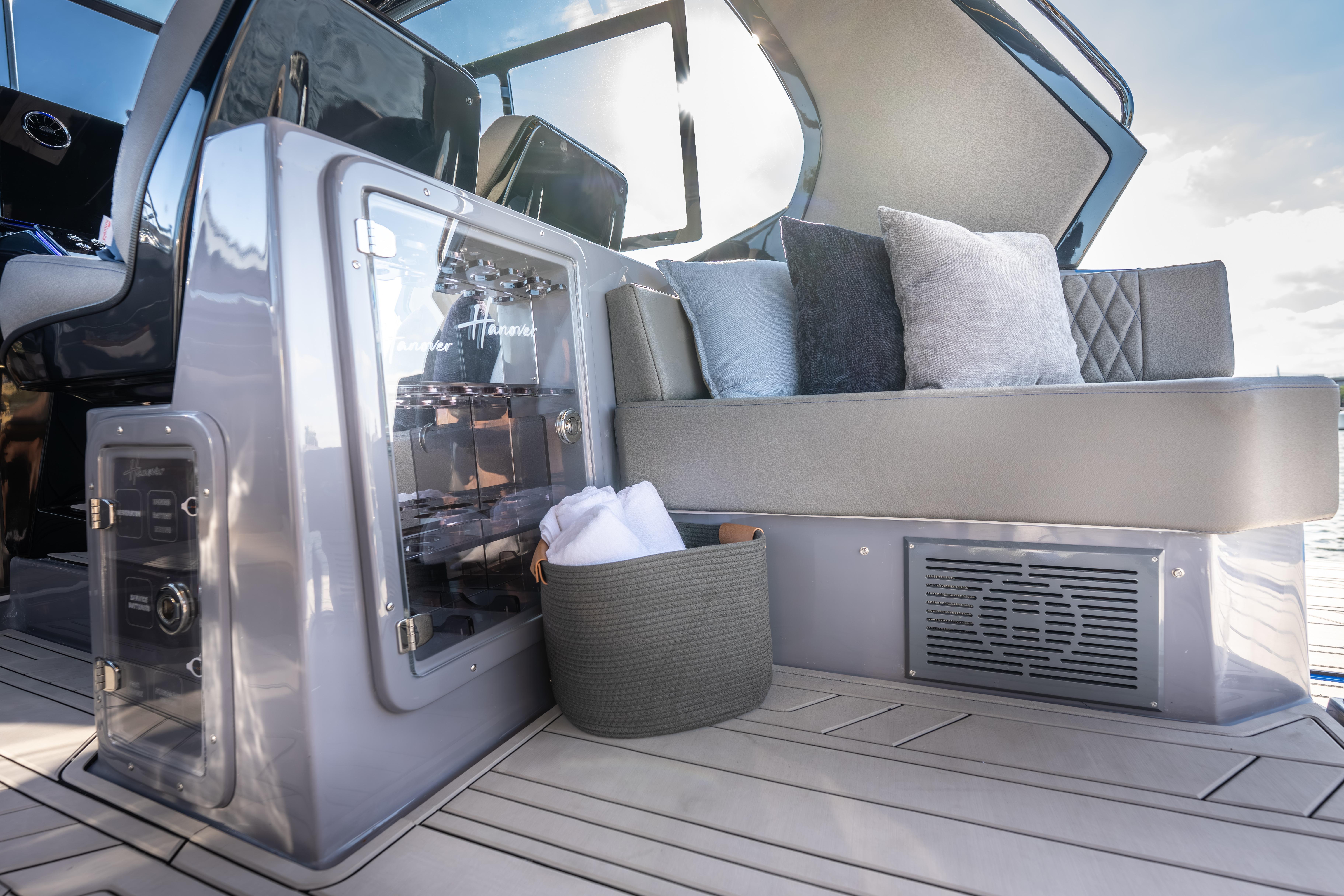 Luxurious interior of 2026 Hanover 347 yacht with plush seating and modern amenities.