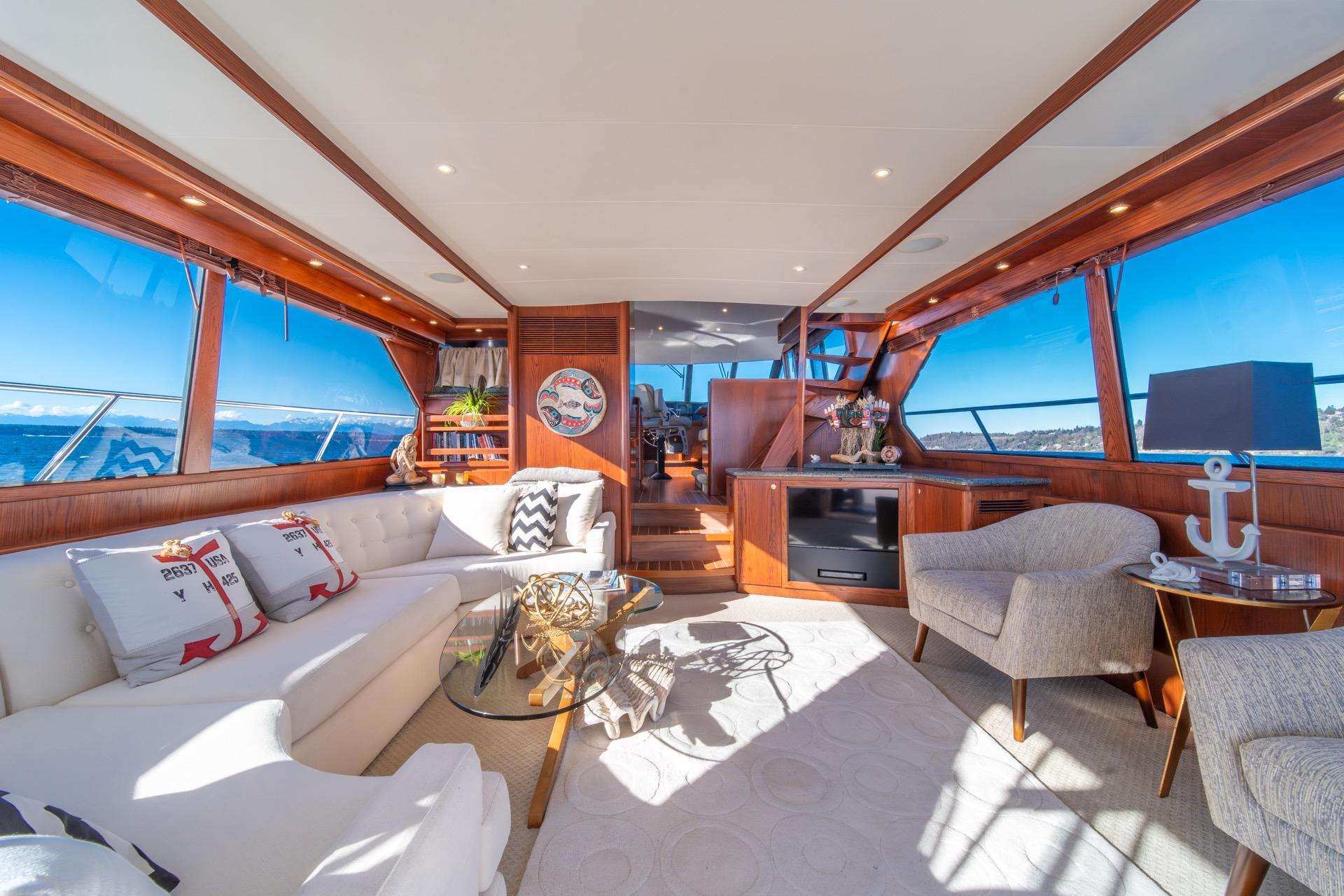 Luxurious interior of 1998 West Bay 58 Sonship Pilothouse MY yacht with elegant furnishings.