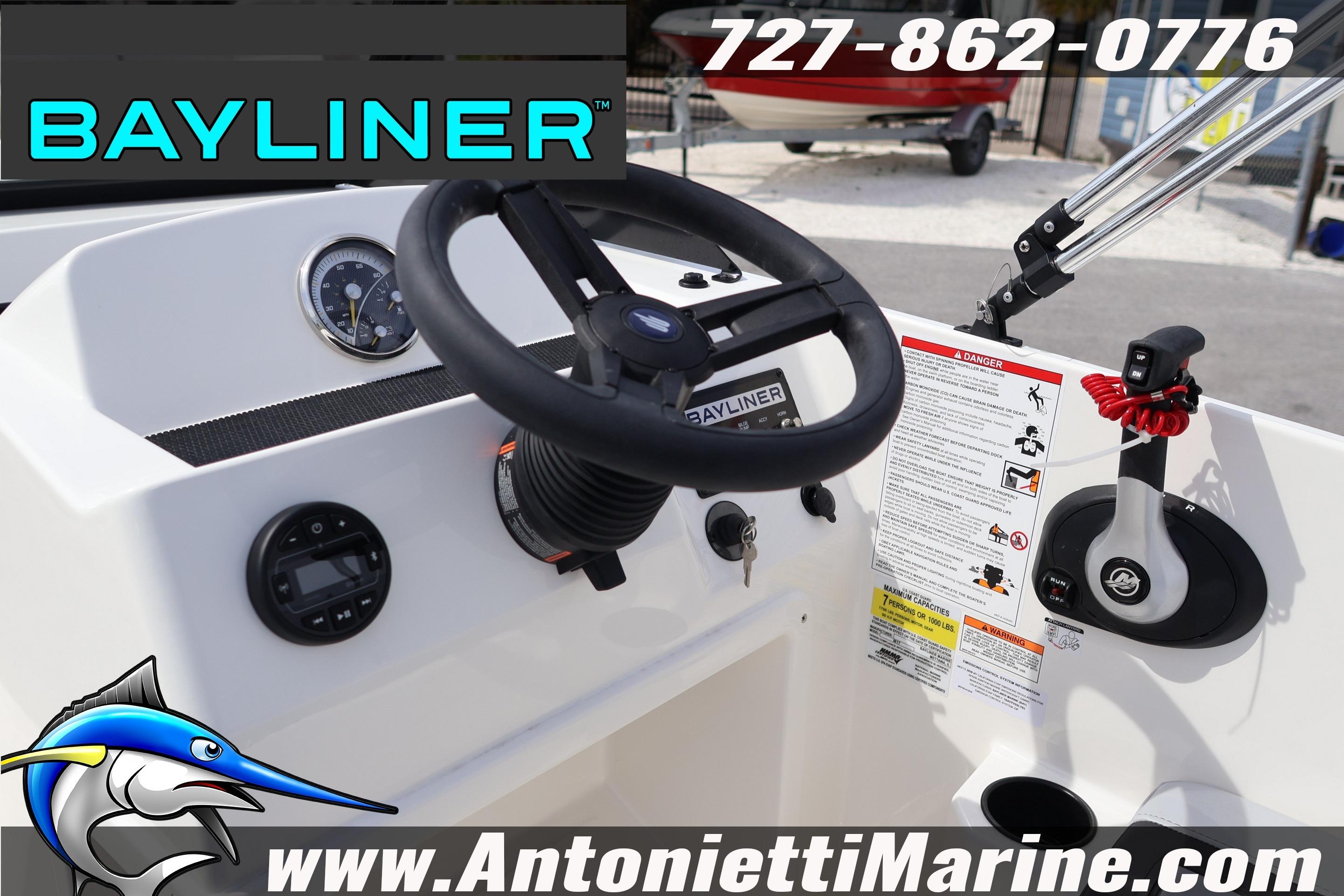 2026 Bayliner Element M17 boat dashboard with steering wheel and controls, featuring Antonietti Marine branding.