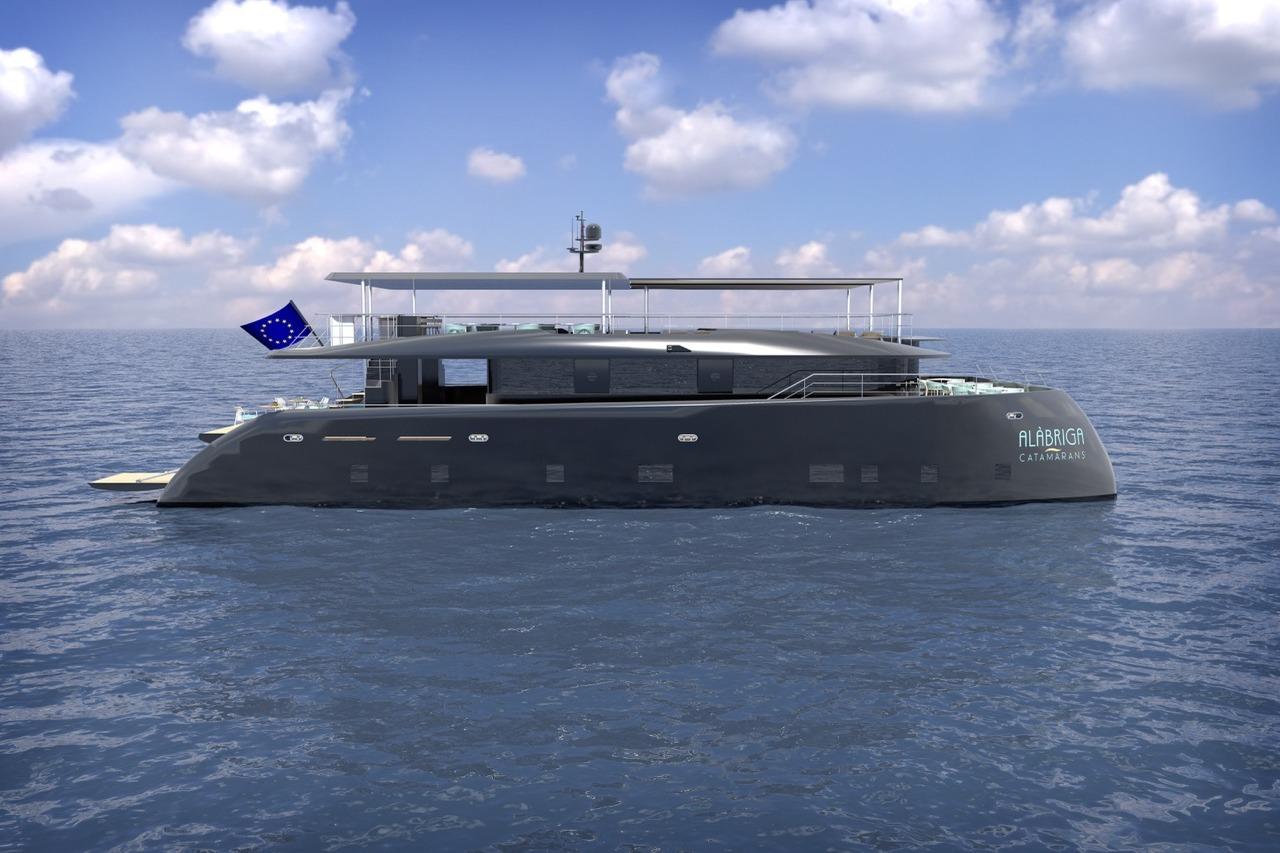 Futuristic Custom Amaranta 85 catamaran sailing on open sea, 2026 model.