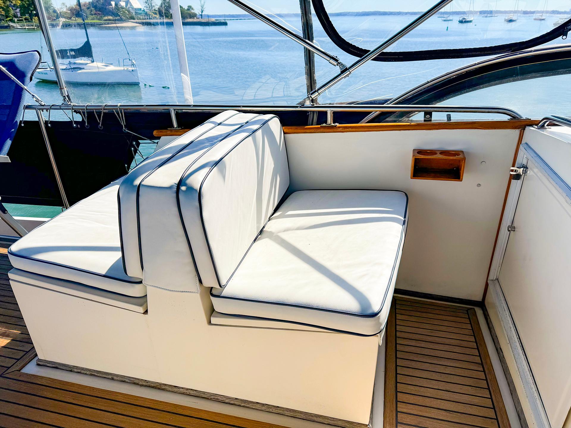 1988 Grand Banks 42 Classic yacht seating area with ocean view.