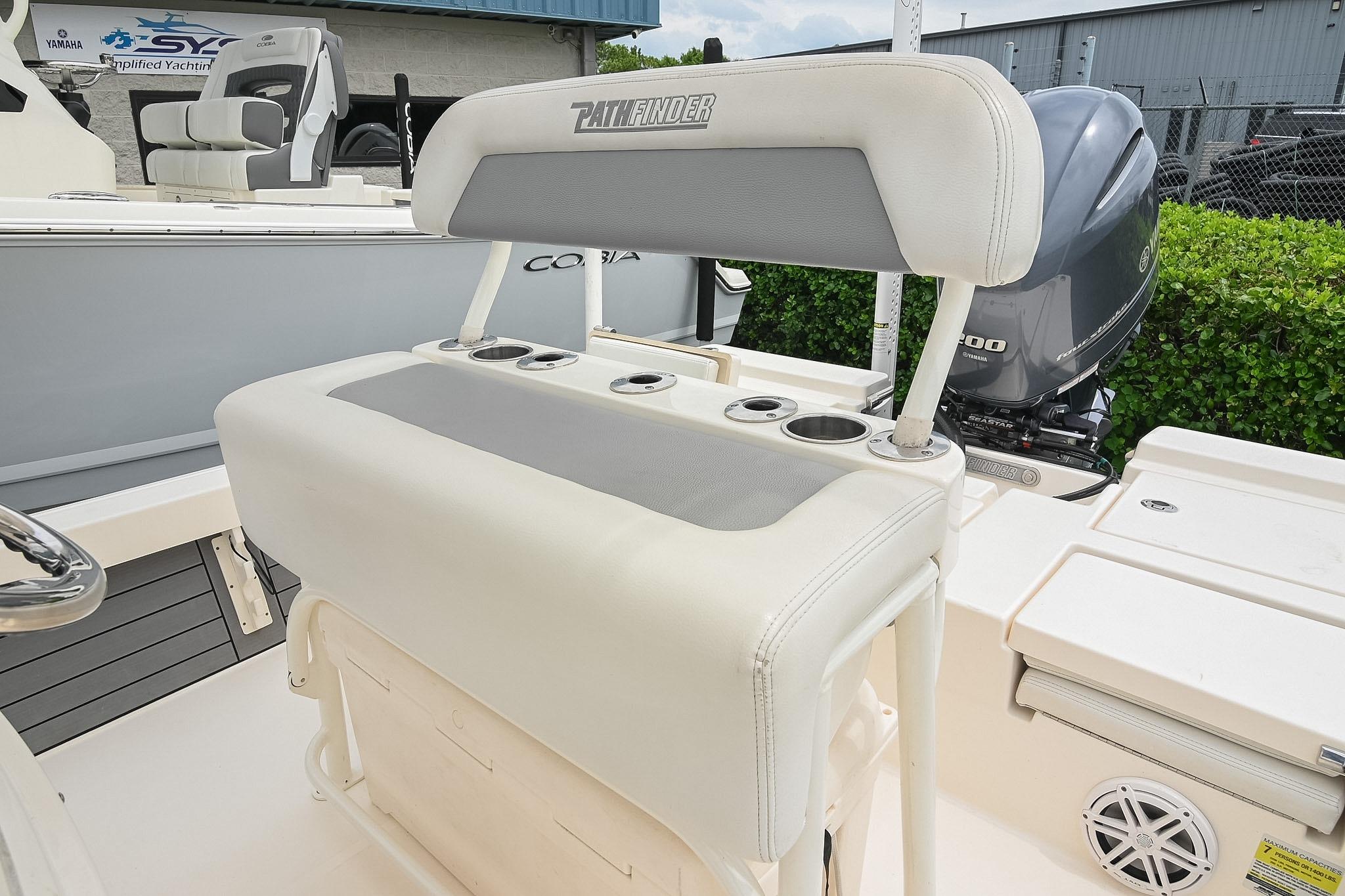 2021 Pathfinder 2200 TRS boat with Yamaha engine, featuring cushioned seating and cup holders.