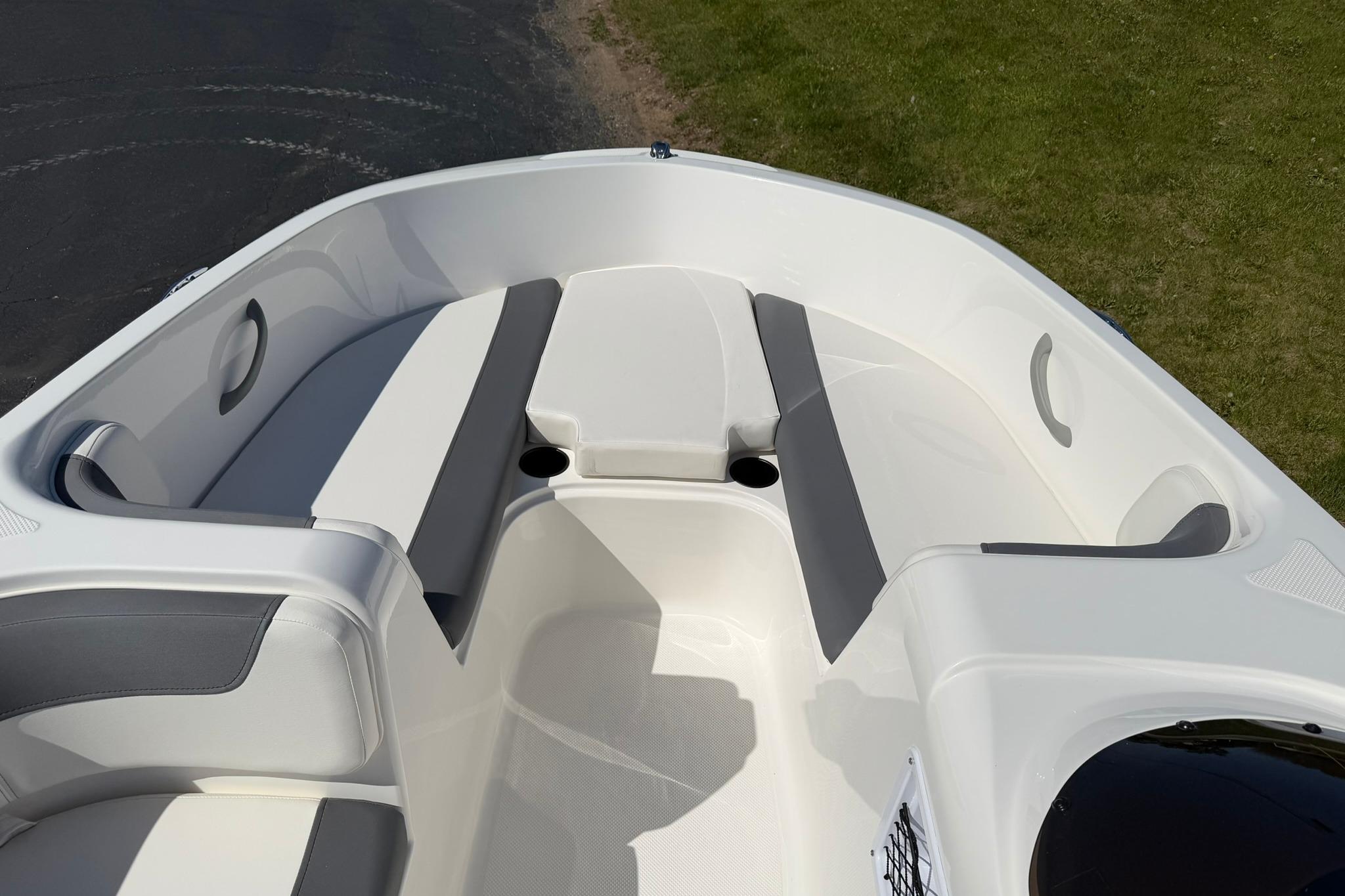 2026 Bayliner Element E18 boat interior with spacious seating and modern design.
