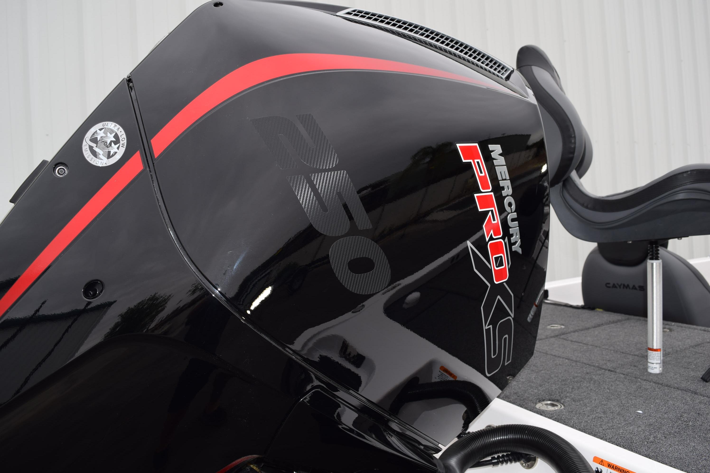 2027 Cayams CX 20 Pro boat with Mercury Pro XS engine, featuring sleek black and red design.