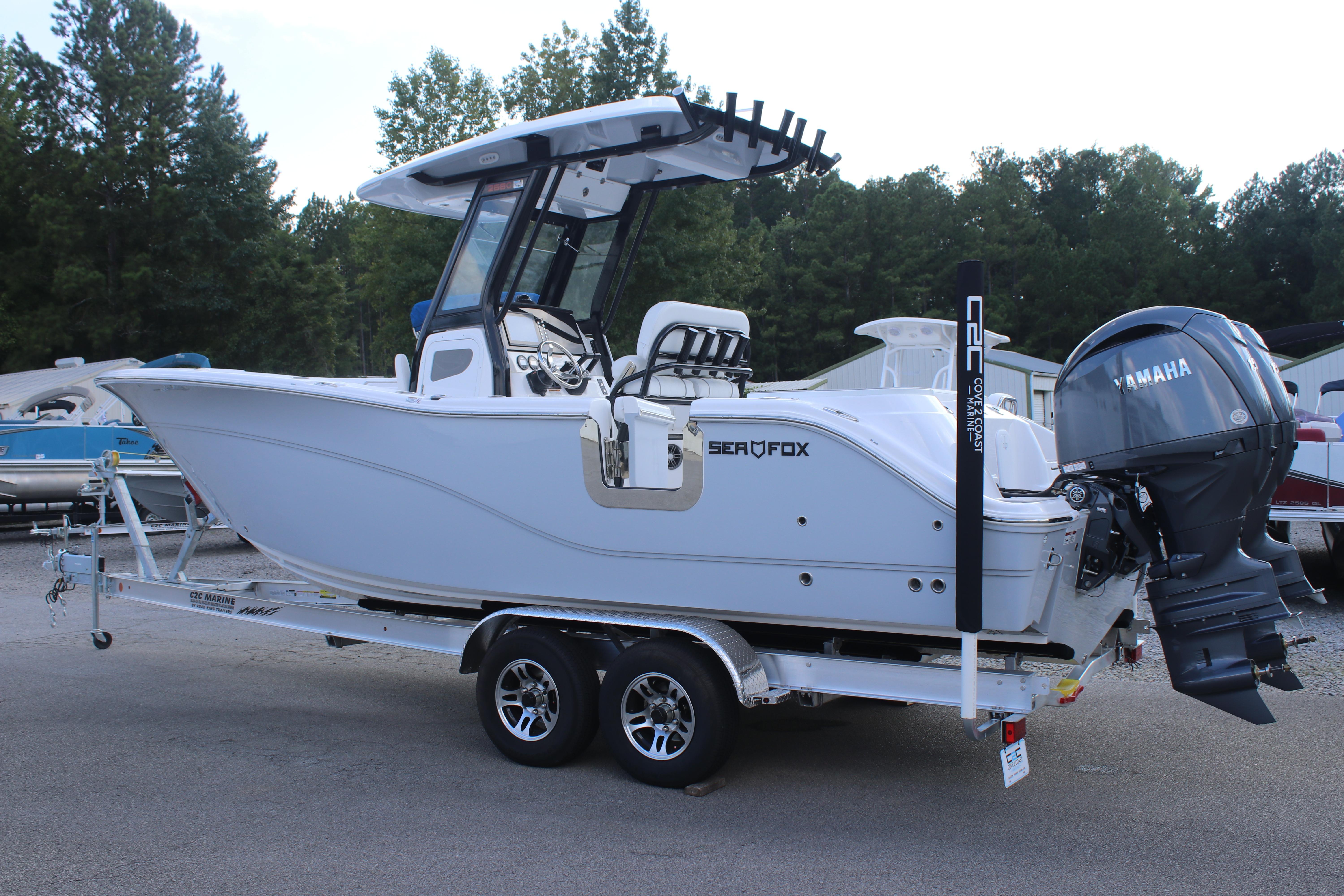 2026 Sea Fox 268 Commander boat on trailer with Yamaha outboard motor.