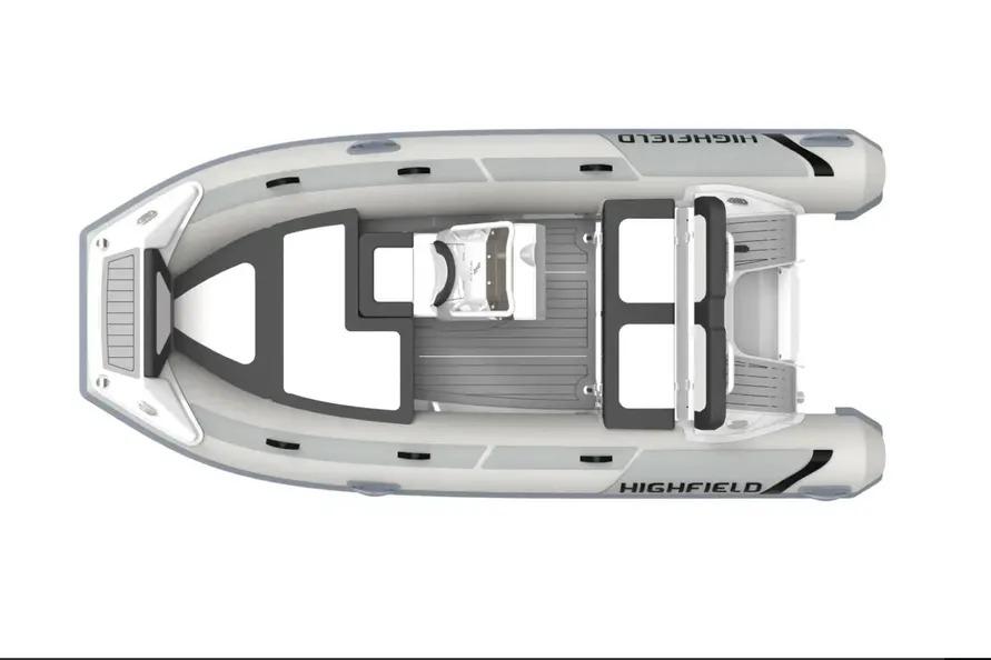 Top view of 2025 Highfield Sport 390 inflatable boat, showcasing sleek design and layout.