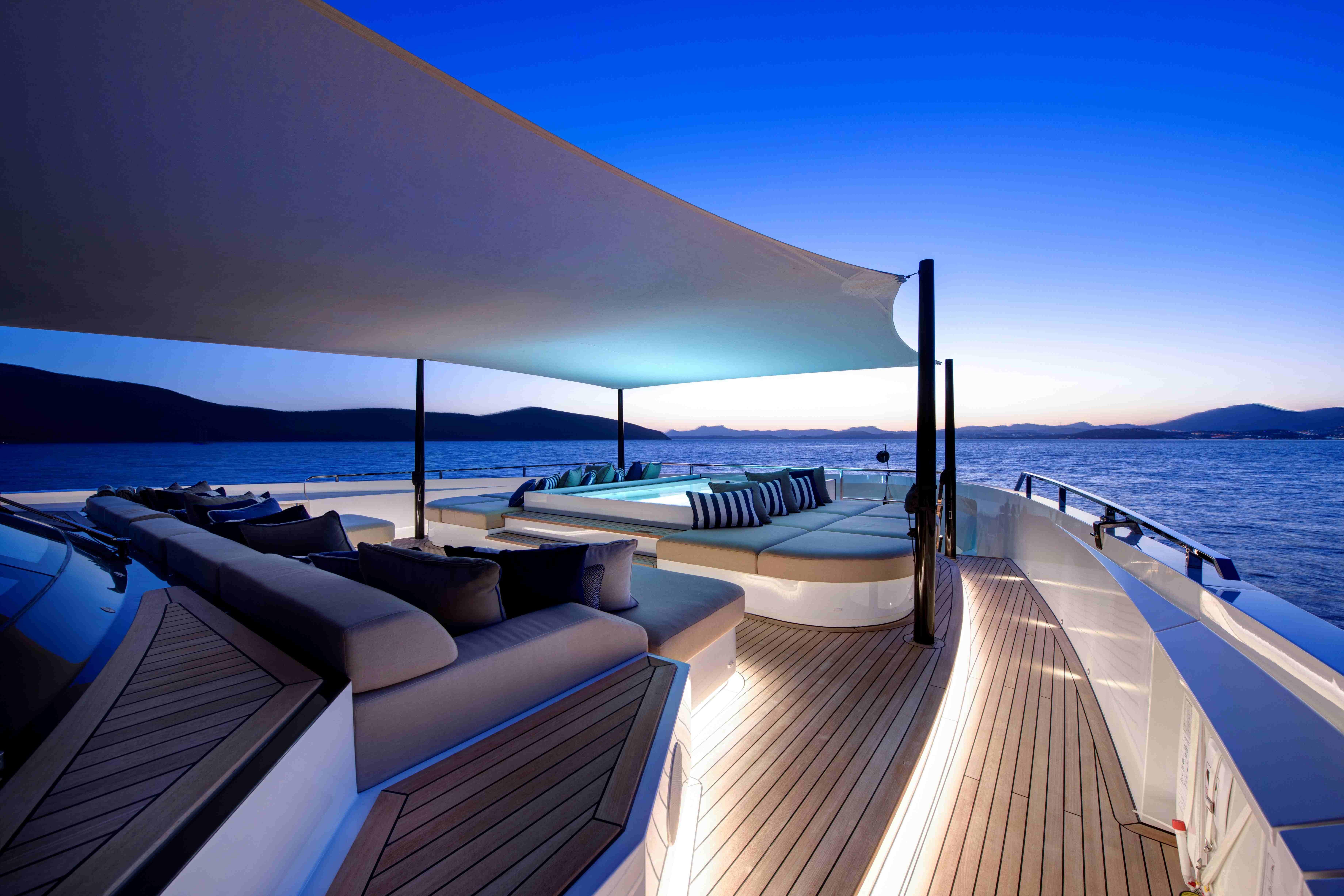 Luxurious Ada Yacht 50 Z - 2025 with elegant deck seating at sunset.
