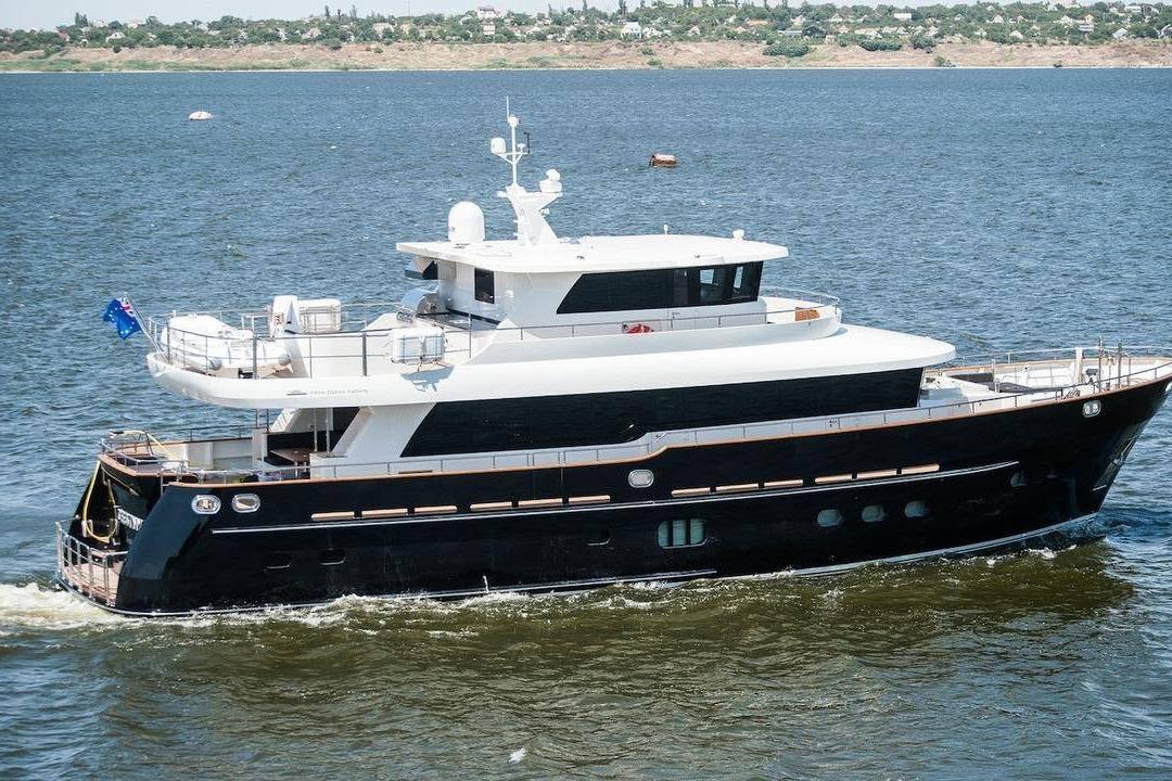 2014 Fifth Ocean Yachts 24m Displacement Explorer Yacht cruising on open water.
