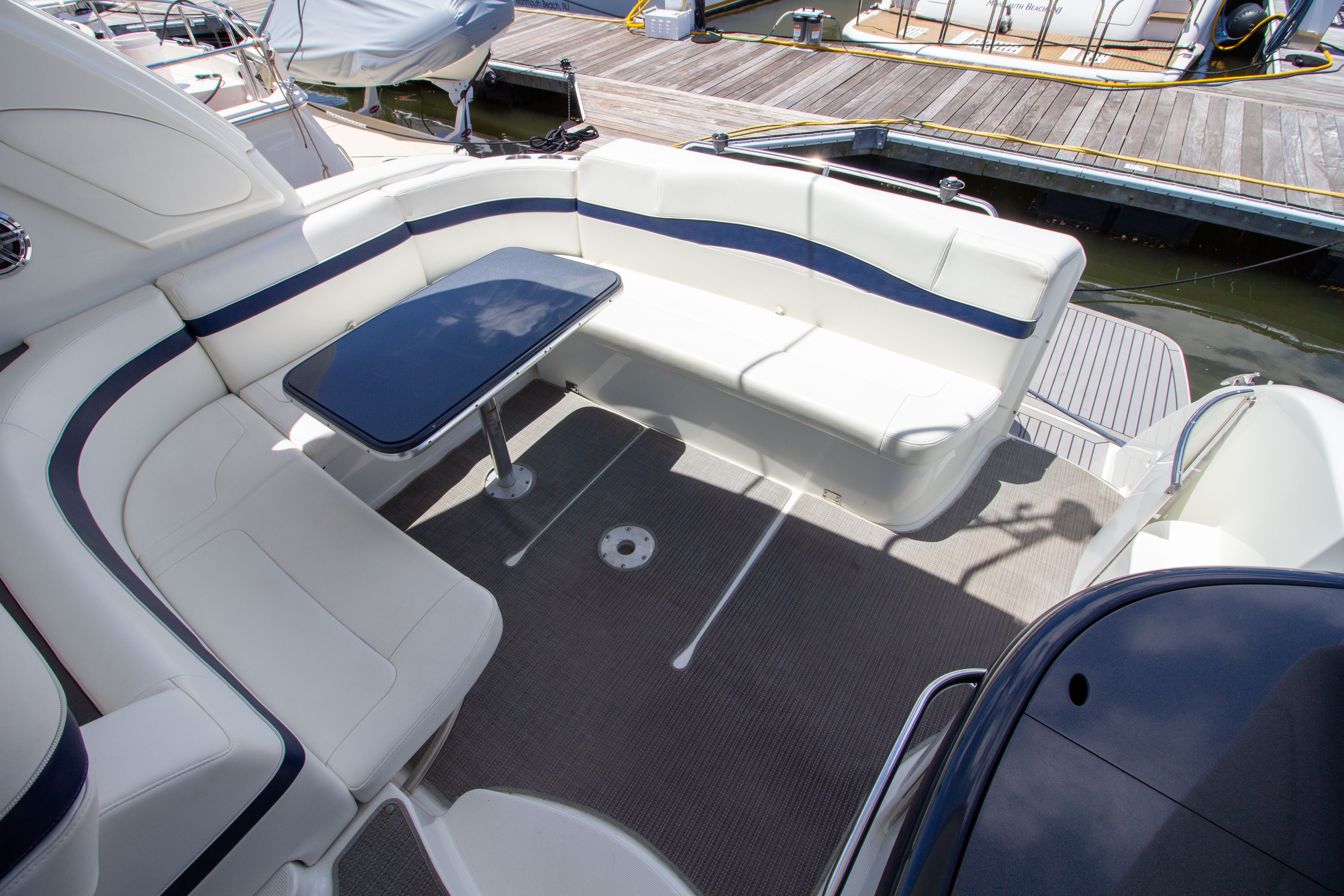 Interior of a 2016 Formula 40 Performance Cruiser yacht at the dock.