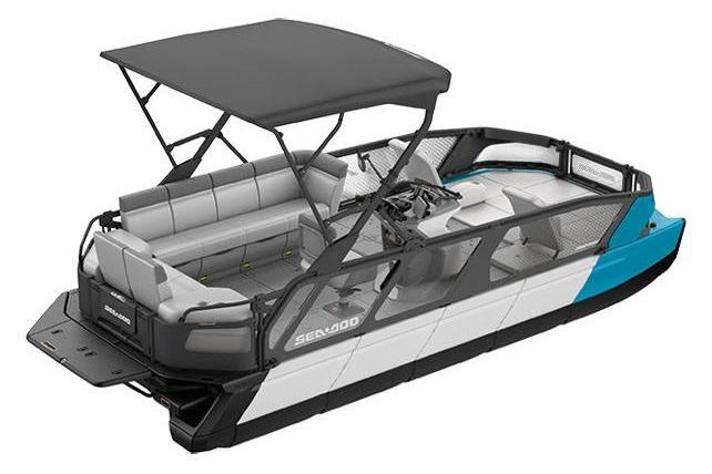 2023 Sea-Doo Switch Sport 21 pontoon boat with canopy and seating.