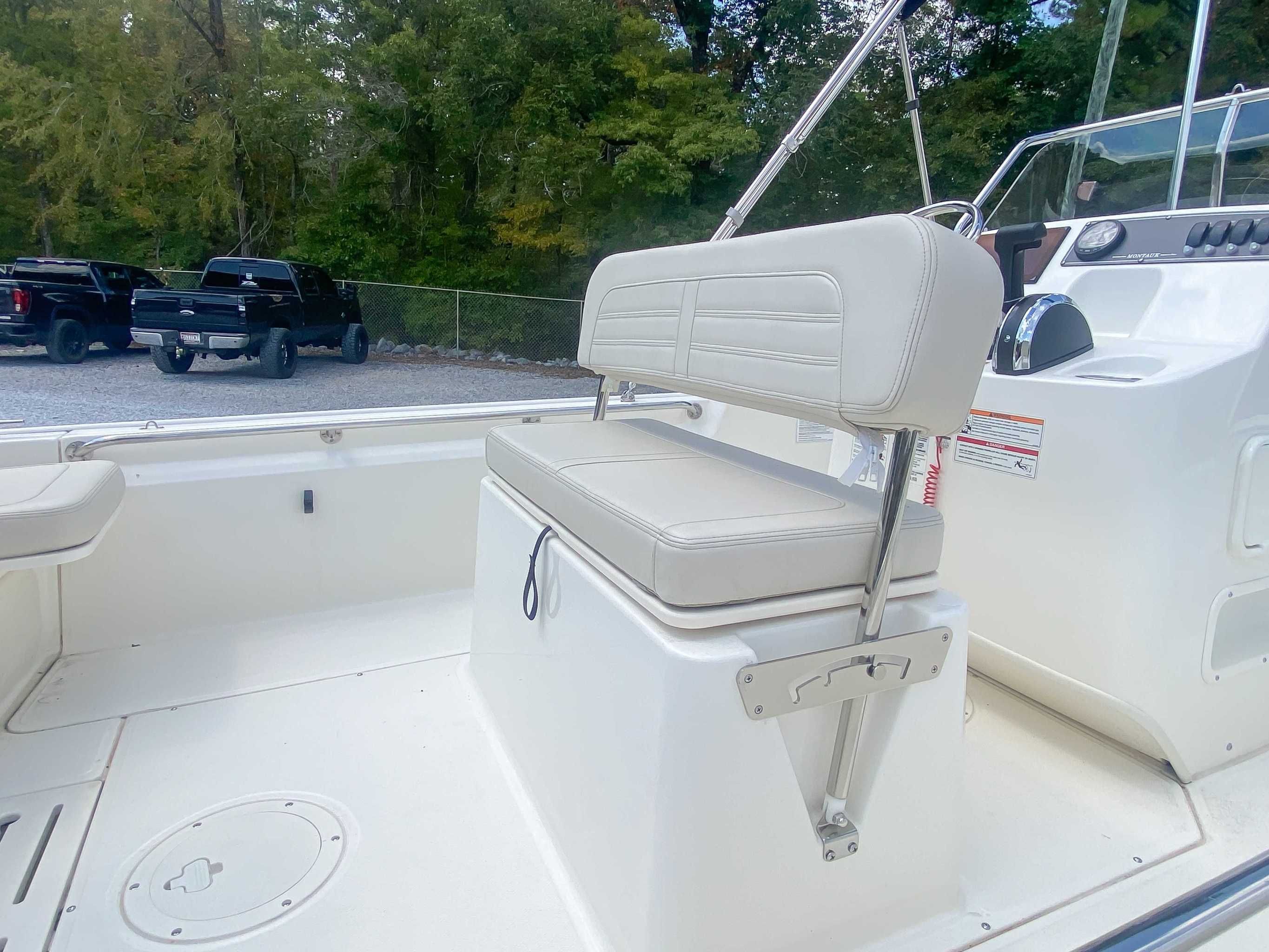 Interior view of the 2025 Boston Whaler 170 Montauk boat.