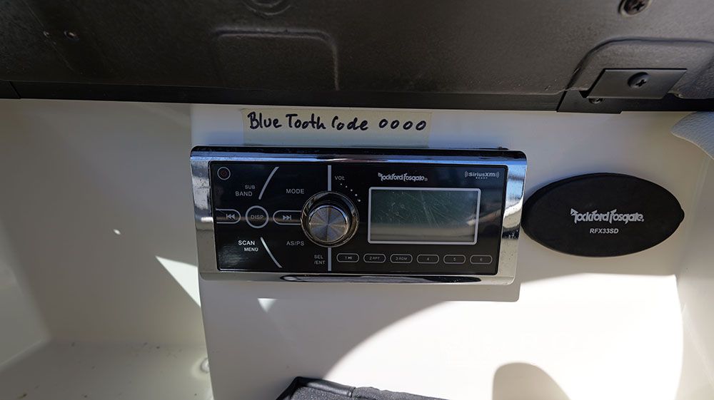 Rockford Fosgate stereo system with Bluetooth code on a Sea Ray SLX 230 boat.