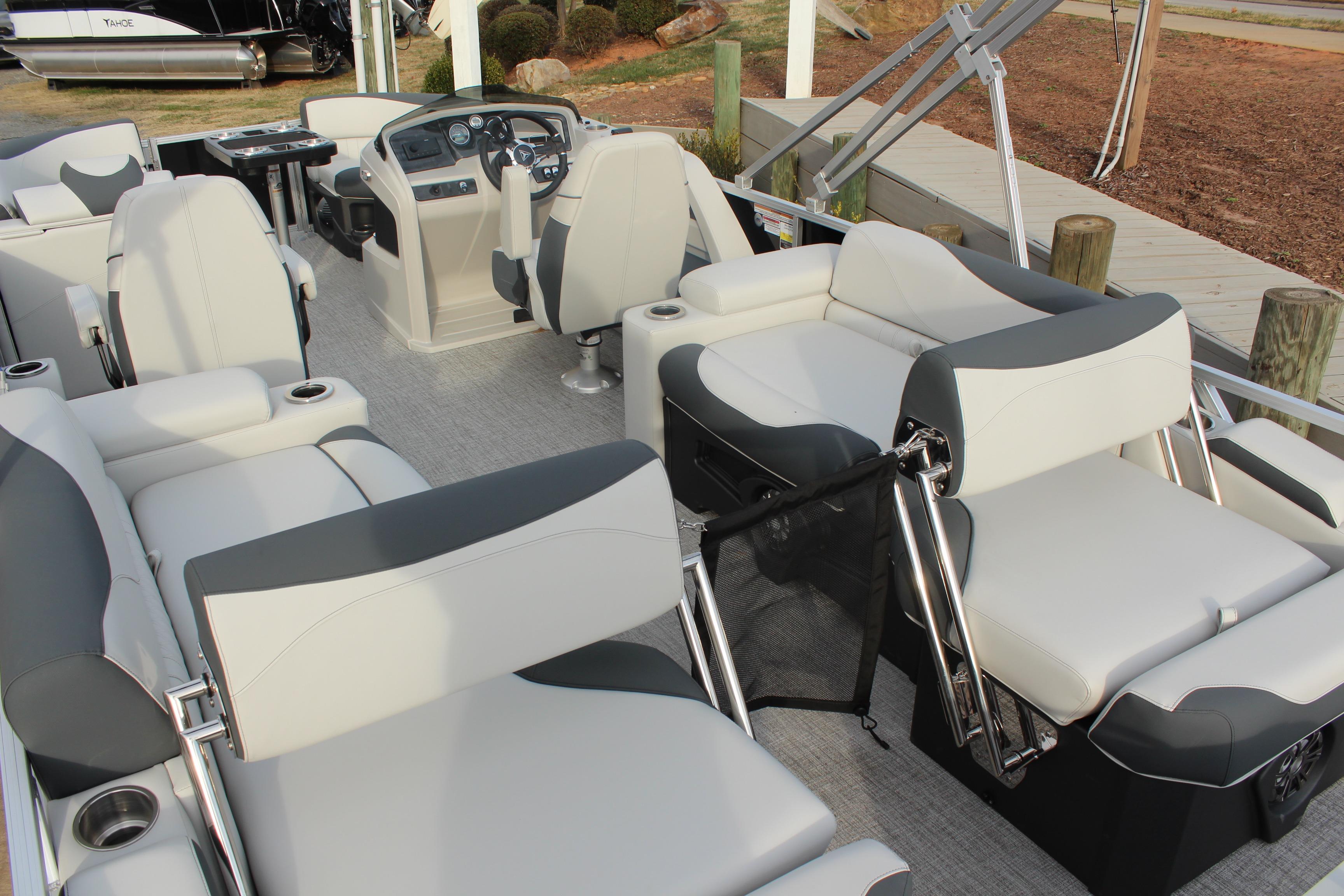 2026 Tahoe Pontoon LTZ interior with luxurious seating and modern dashboard design.