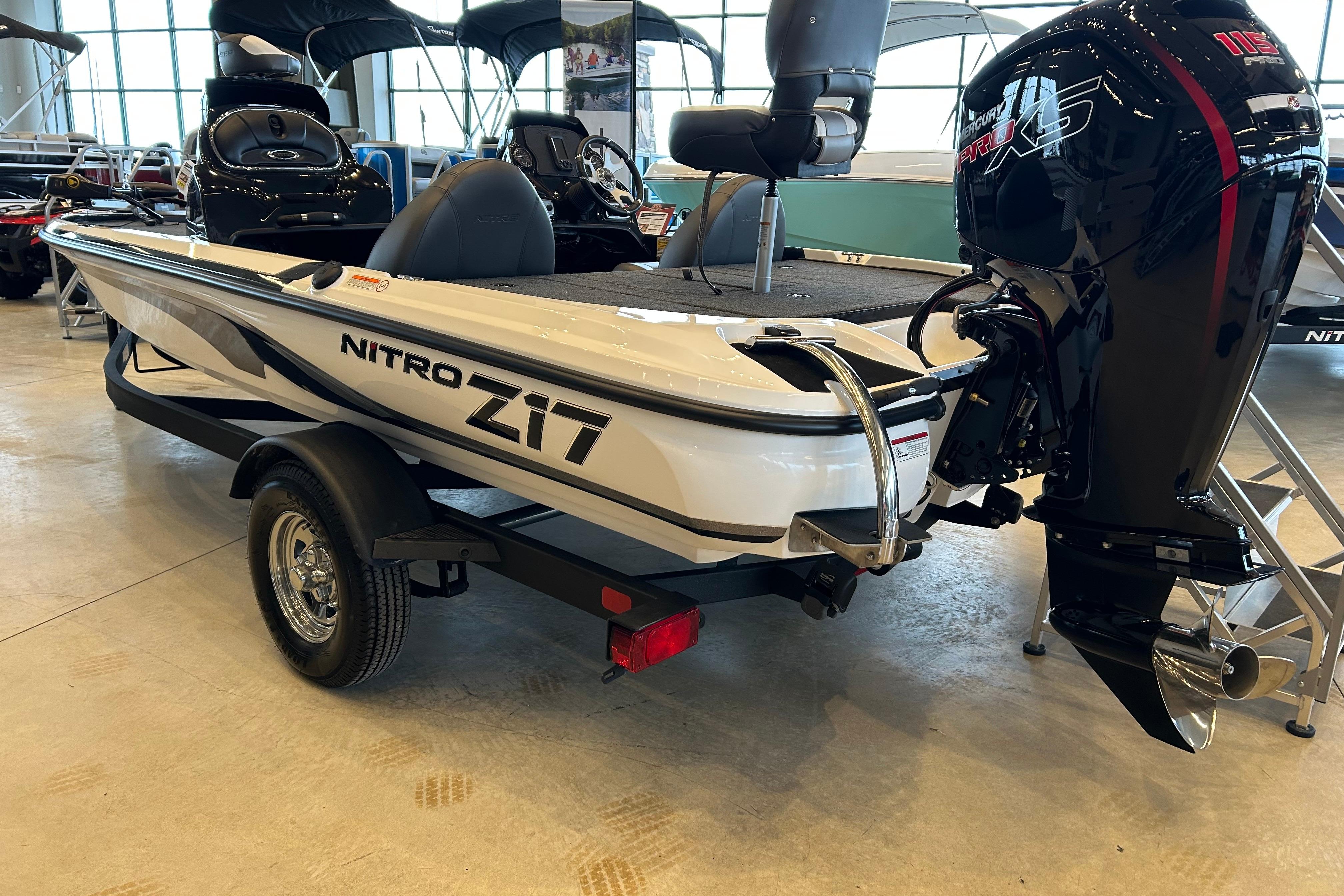 2026 Nitro Z17 boat with powerful outboard motor in showroom display.