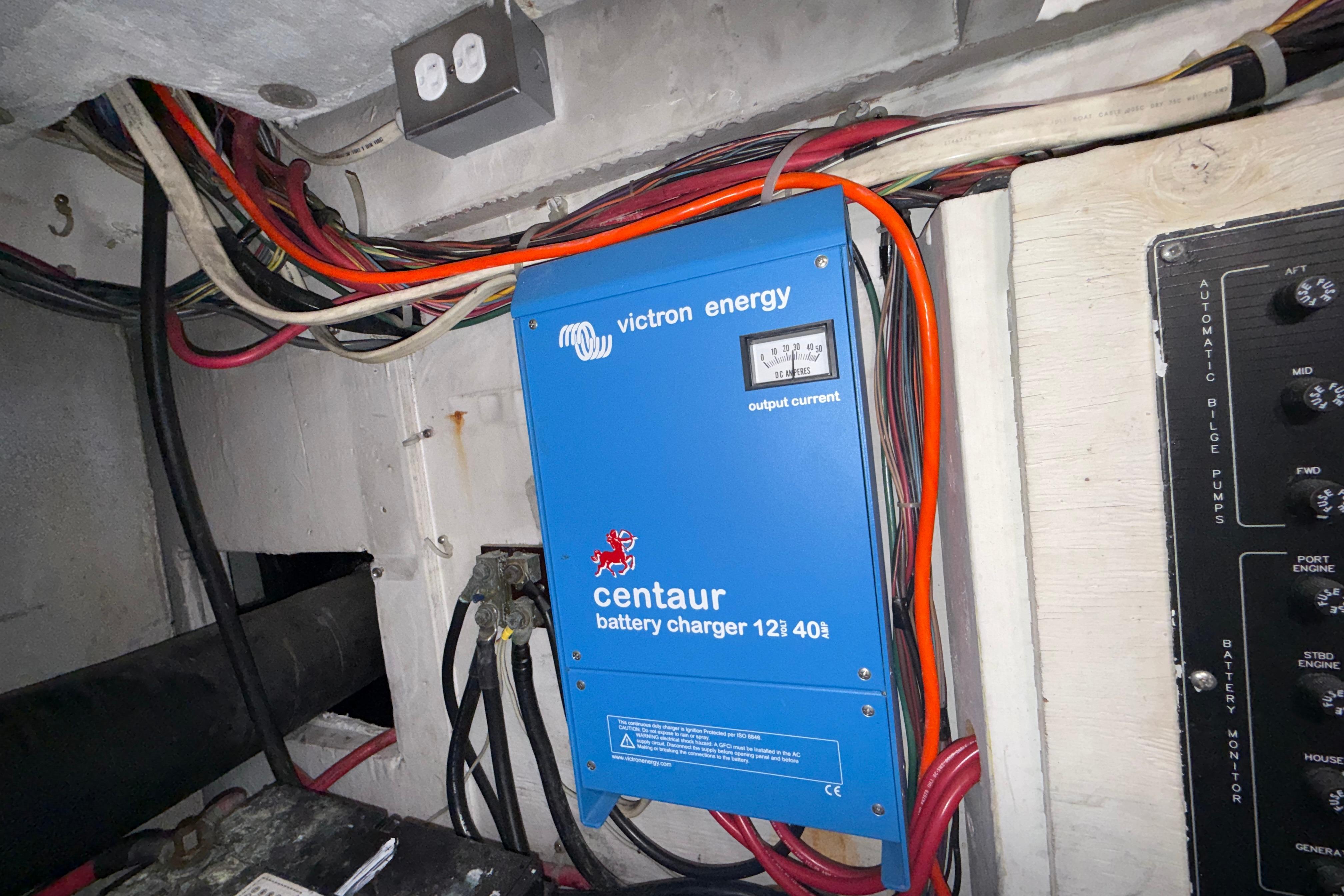 Victron Energy Centaur battery charger in 1997 Bayliner 3988 Command Bridge Motoryacht engine room.