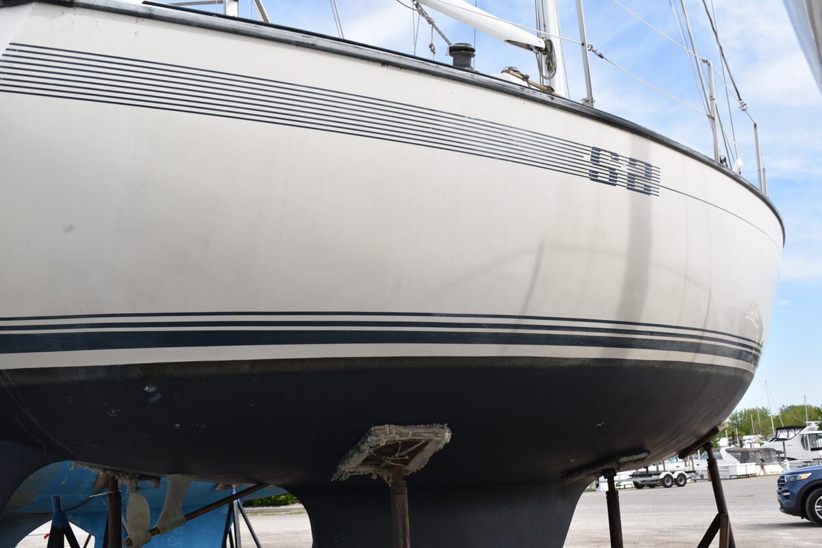 1987 S2 9.2A sailboat on a stand, out of the water.