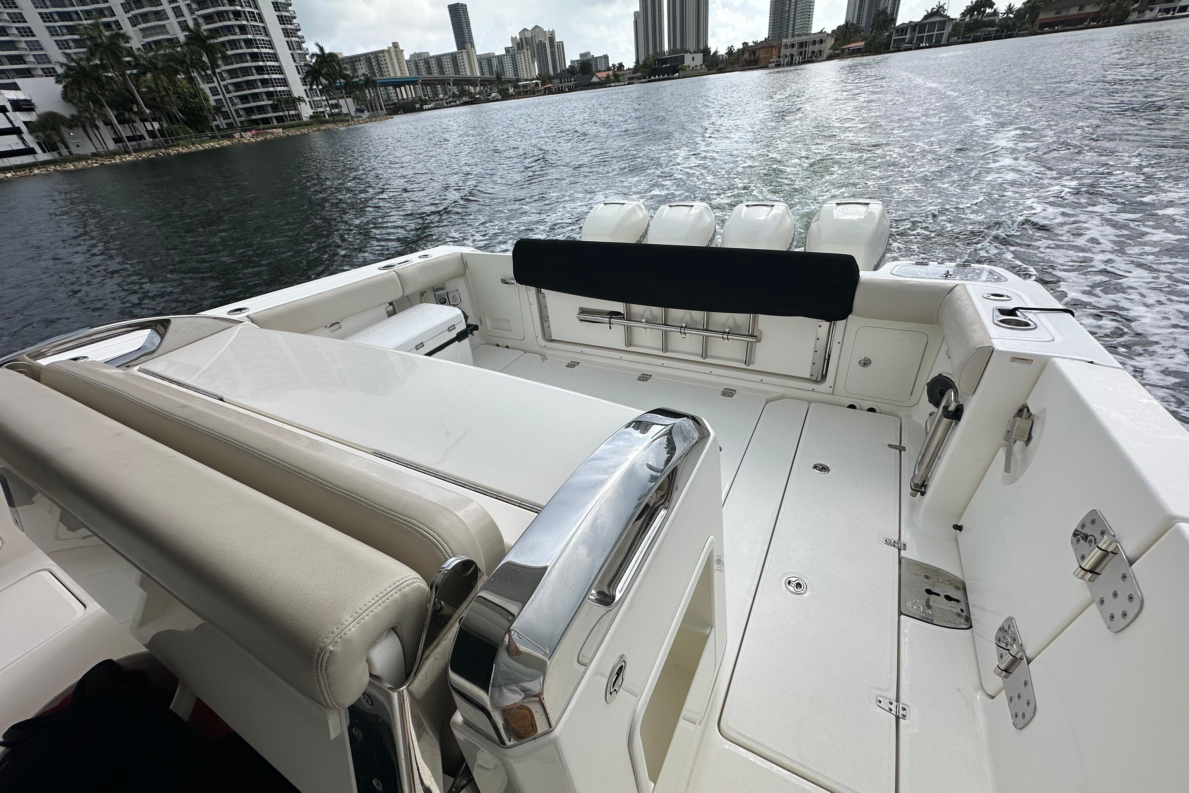 2020 Boston Whaler 420 Outrage boat interior with city skyline in the background.