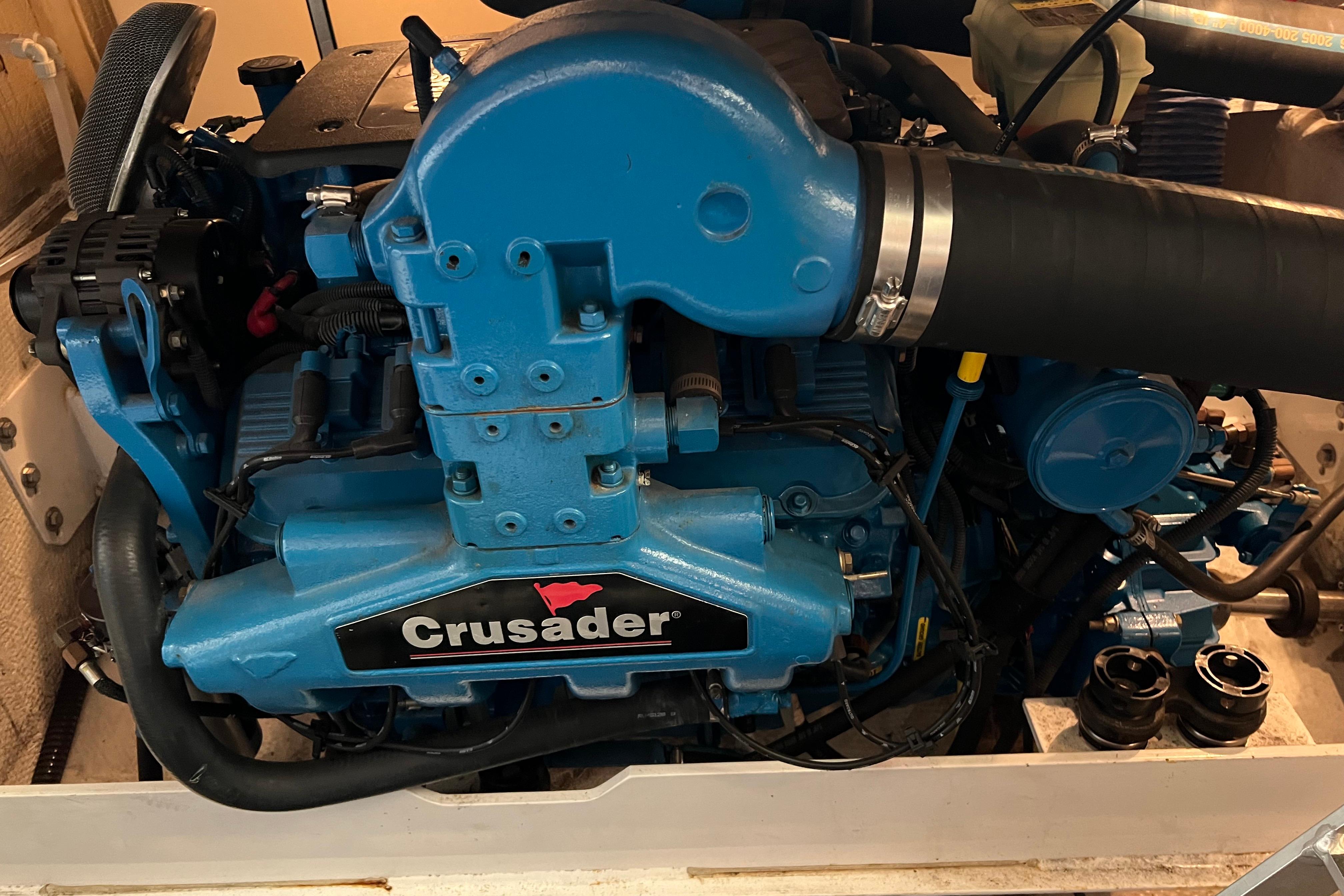 Engine of a 2006 Silverton 38 Sport Bridge boat, featuring a Crusader motor.